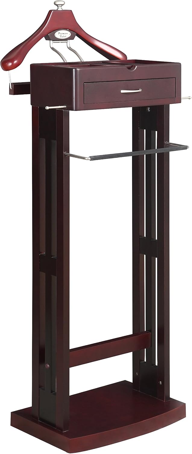 Proman Products Norstar Suit Valet Stand VL36245 with Detachable Hanger, Trouser Bar, Tie Bars, Mirror Tray & Drawer, 20”W x 15” D x 49”H, Mahogany