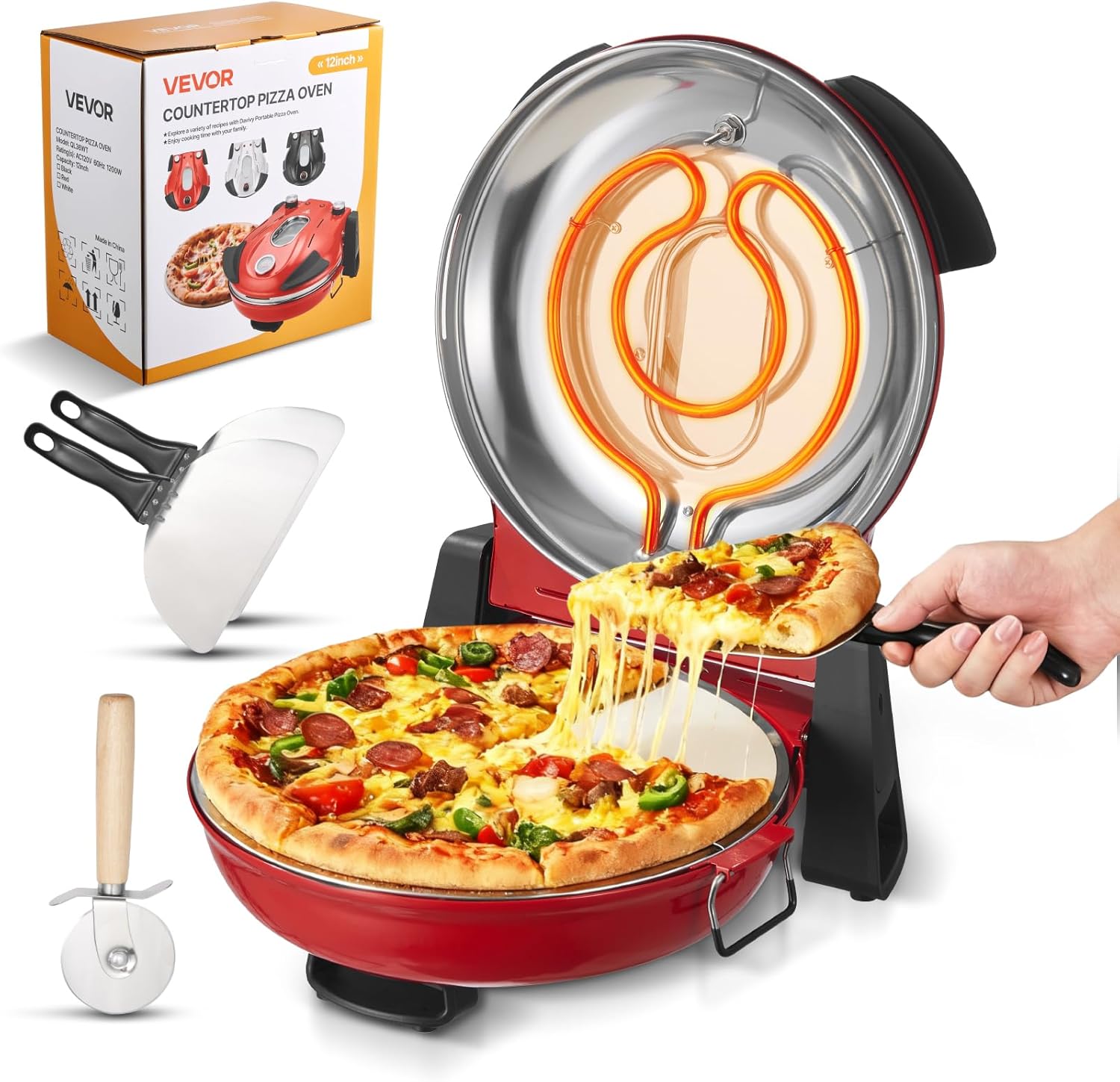 VEVOR Pizza Oven, 12 in Electric Pizza Maker, 1200W Electric Pizzas Cooker with Cordierite Stone, 5-Mode Temperature Control, Viewing Window for Precise Cooking, Heats up to 788 ˚F, for Home (Red)