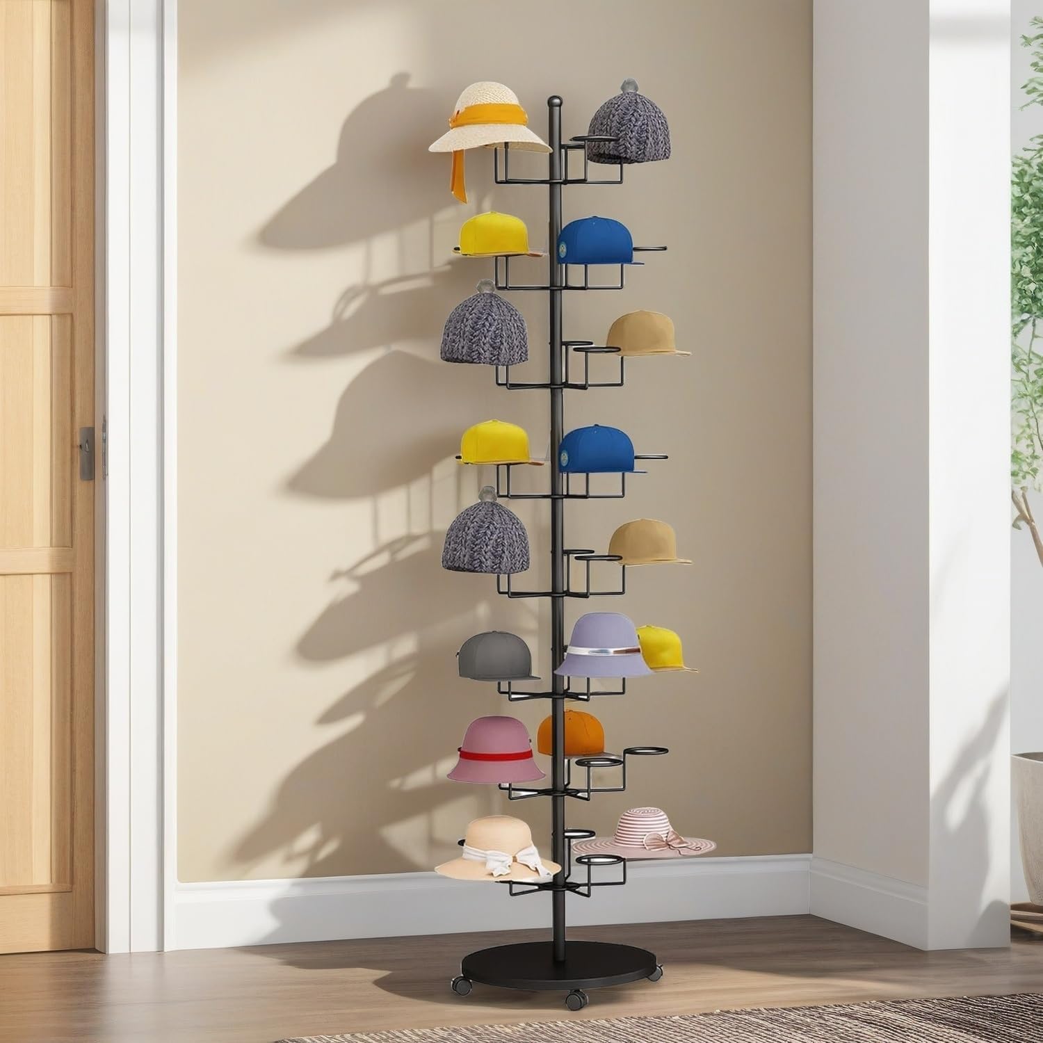 Hat Rack Stand 40-Hooks, Hat Display Stand Metal,Hat Display for Stores， Home or Store of Standing hat Rack(Black,8th Floor)