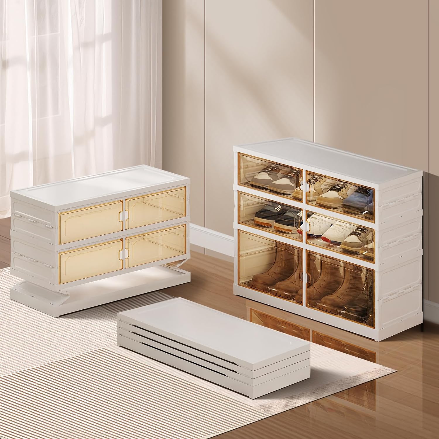 9-Tier Foldable Shoe Rack Organizer for Closet, 27 Pairs Collapsible Plastic Shoe Shelf, Large Shoes Cabinet with Door, Clear Stackable Storage Box Easy Assembly White