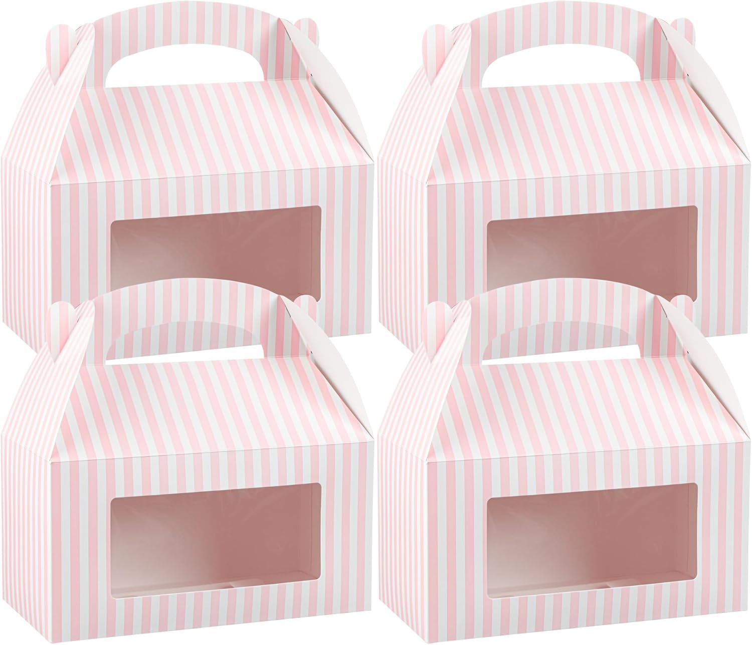 Restaurantware Bio Tek 9.5 x 5 x 5 Inch Gable Boxes For Party Favors, 100 Attractive Gift Boxes - Striped Pattern, Clear PET Window, Pink & White Paper Barn Boxes, With Built-In Handle