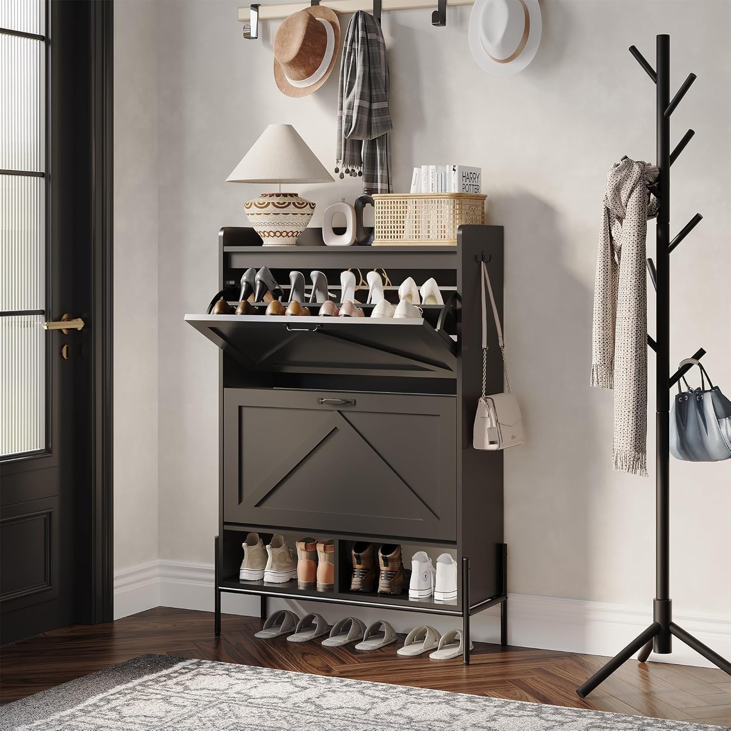 GAOMON Shoe Storage Cabinet with 2 Flip Drawers, Freestanding Shoe Organizer with with Open Storage, Hidden Slim Narrow Shoe Rack Cabinet for Entryway, Hallway, Black