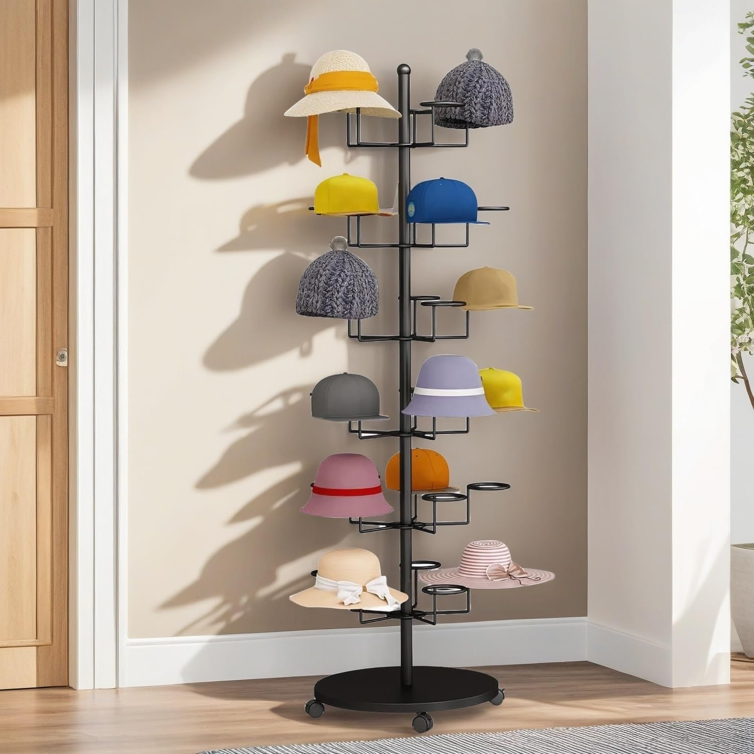 Hat Rack Stand 40-Hooks, Hat Display Stand Metal,Hat Display for Stores， Home or Store of Standing hat Rack(Black,8th Floor)