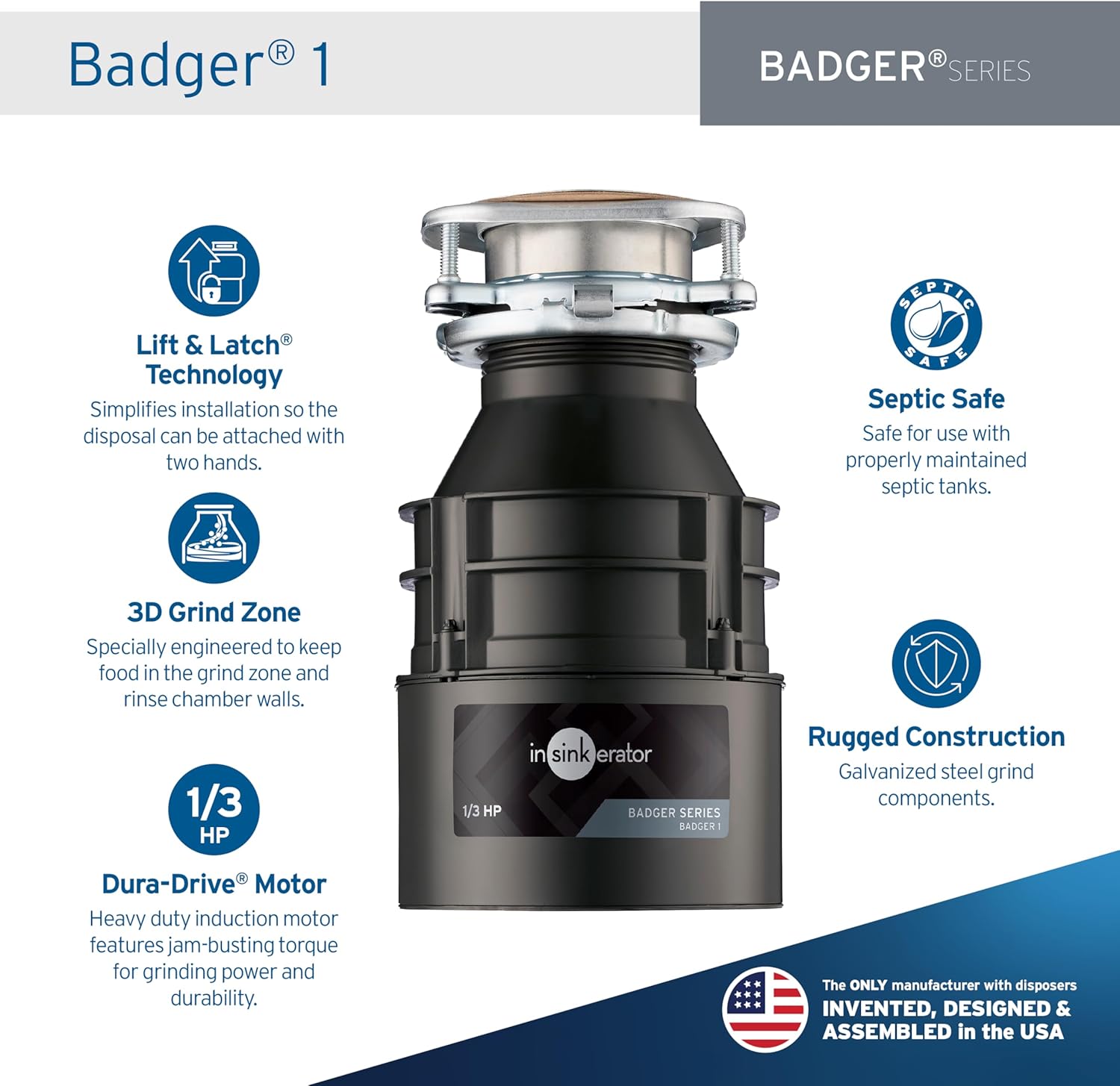 InSinkErator Garbage Disposal, Badger 1, Standard Series, 1/3 HP Continuous Feed, Black, Waterborne Grey Enamel