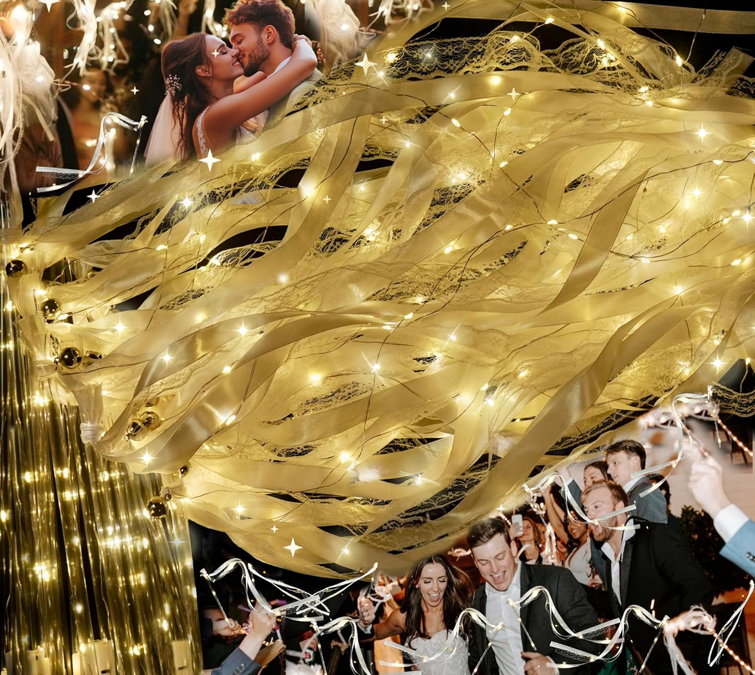 100pcs Light Up Wands for Wedding Send Off Ideas Streamers Fairy Ribbon White Glow Sticks with Bells for Reception Sparklers Led Lights Dark Birthday Party Church Exit Prop Recessional