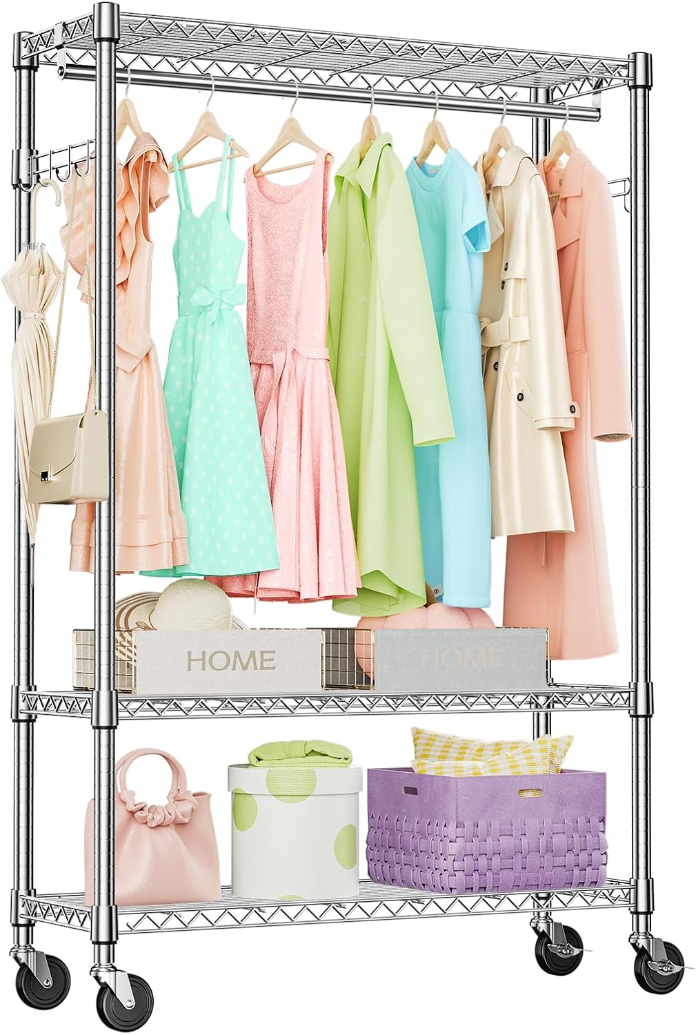 IZEUK 3 Tier Heavy Duty Rolling Garment Rack Wire Clothes Rack for Hanging Clothes, Metal Freestanding Closet Wardrobe Rack with 1 Rods and Wheels Chrome 15.7