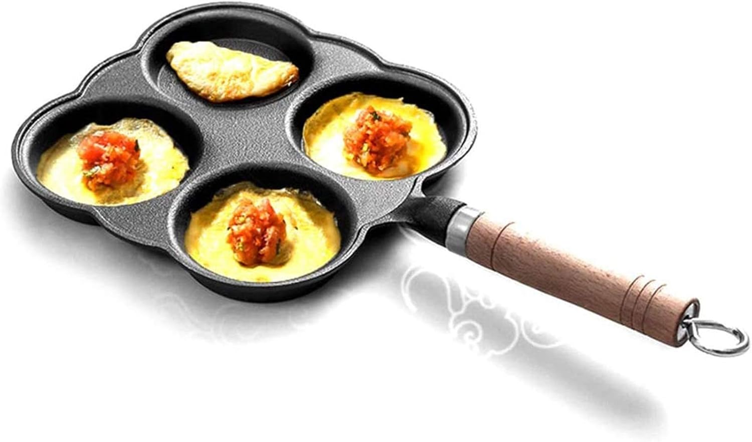 Frying Pan Skillet Egg Frying Pan Cast Iron 4 Grids Fried Egg Cooker Pans Wooden Handle Induction Pancake Omelette Pan Save Food Oil