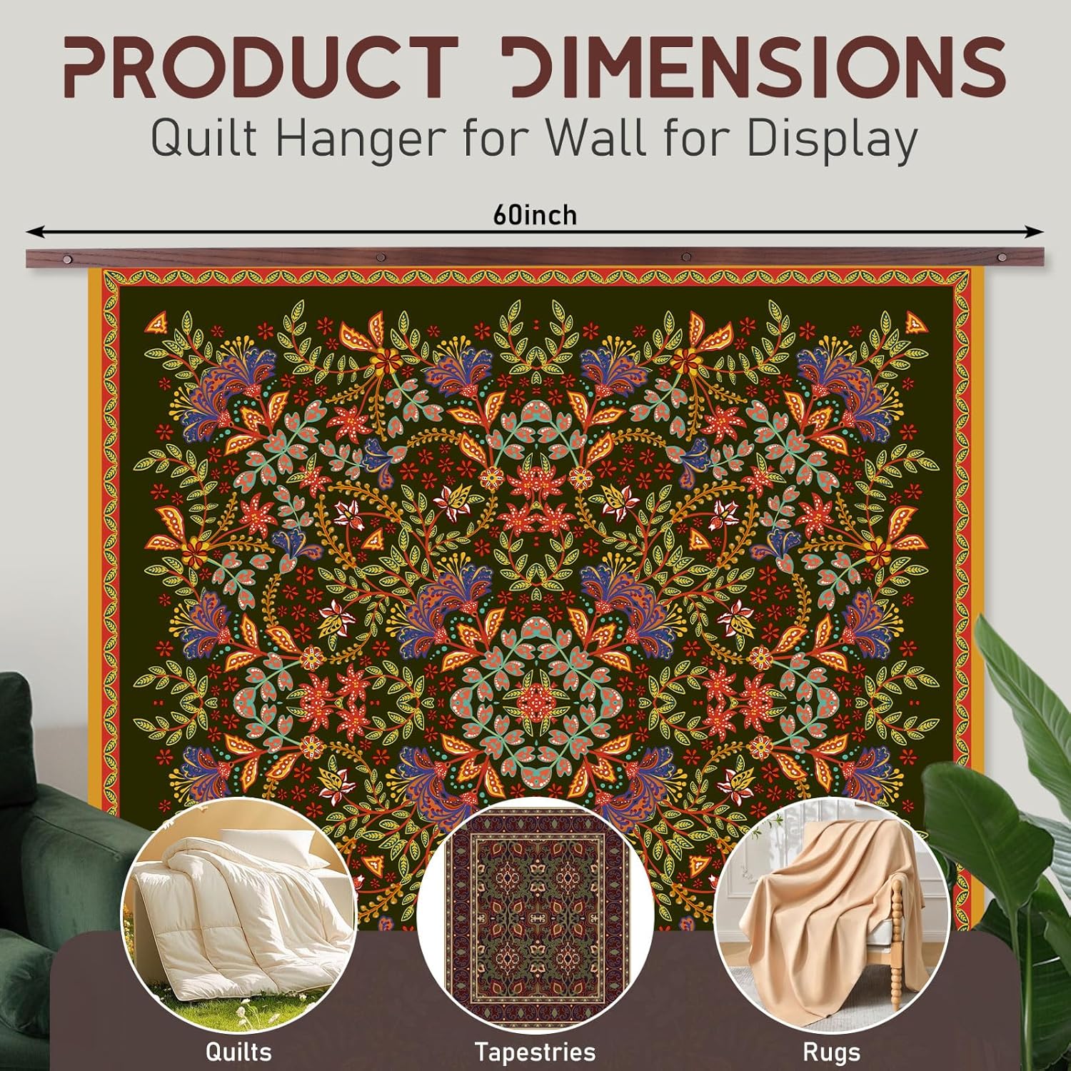 Geelin Wooden Quilt Hangers for Wall for Display Tapestry Hanger with Iron Screws Clamp Design for Wall Hanging to Clamp Quilts, Rugs, Blanket Holder, Rack Mount, Quilting Tools(60-inch)