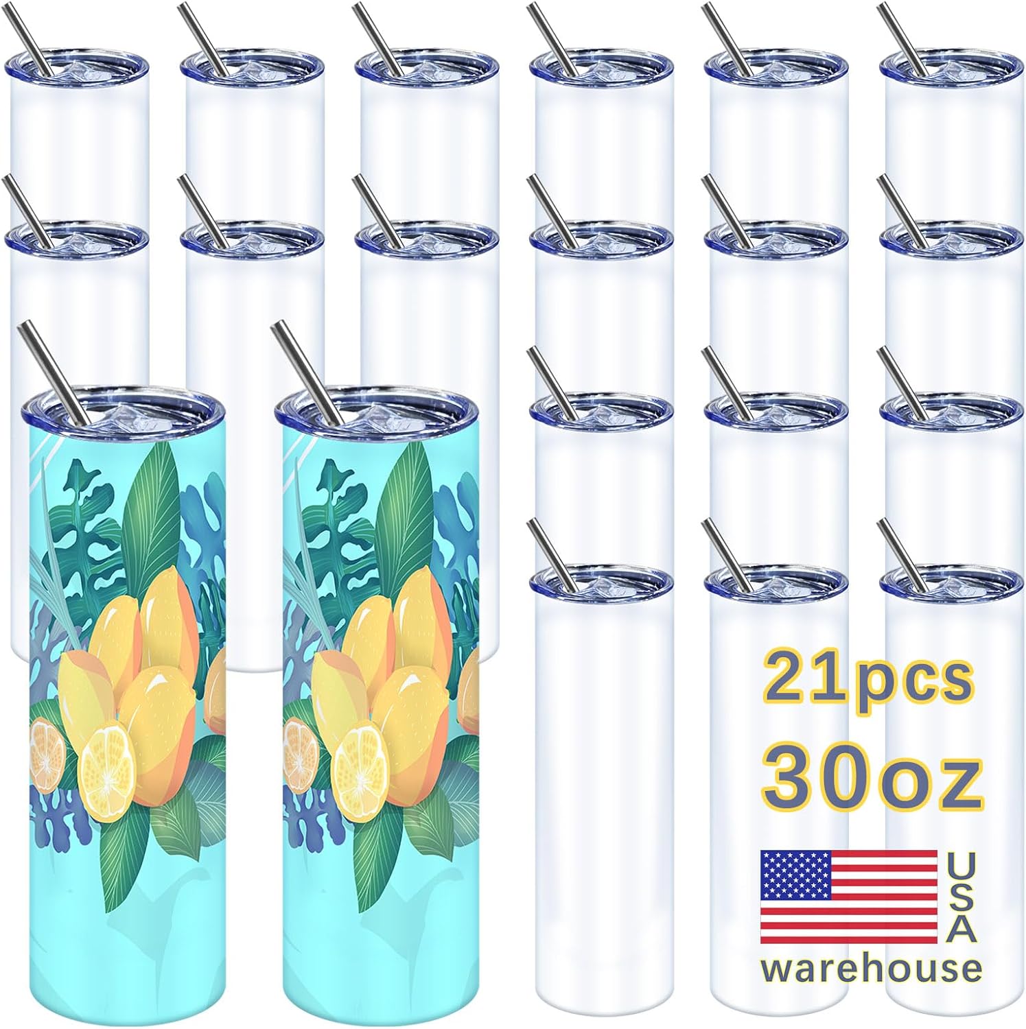 OKBA 21 Pack sublimation tumbler blank 30 oz skinny Straight, Stainless Steel Double Wall Insulated Straight Sublimation Tumbler Cups Blank White with Lid, Individually Box