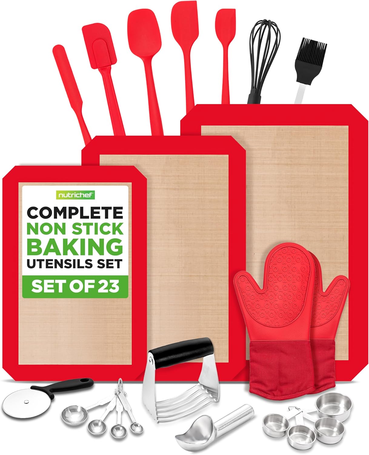 NutriChef 23-Piece Essential Baking Utensils Set – Measuring Cups and Spoons, Scraper, Oven Mitts, Whisk, Silicone Baking Mats and More - Dishwasher Safe, Perfect for Baking and Cooking (Black)