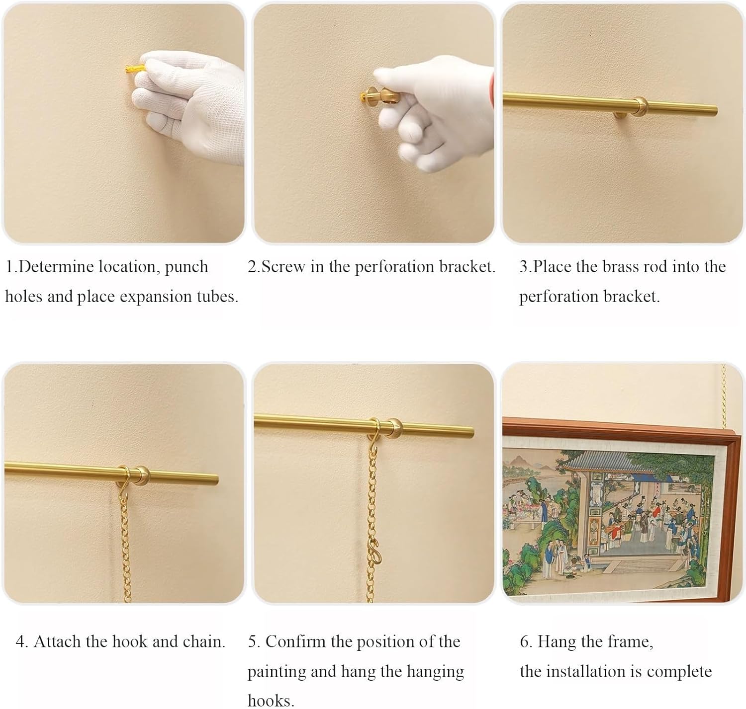 Picture Rail Hanging System Brass, Gold Metal Picture Hangers Wall, Gold Gallery, Medieval Style, for Canvas Prints Wall Art, Frames Display Set, Frames Display Gallery Set(110cm)