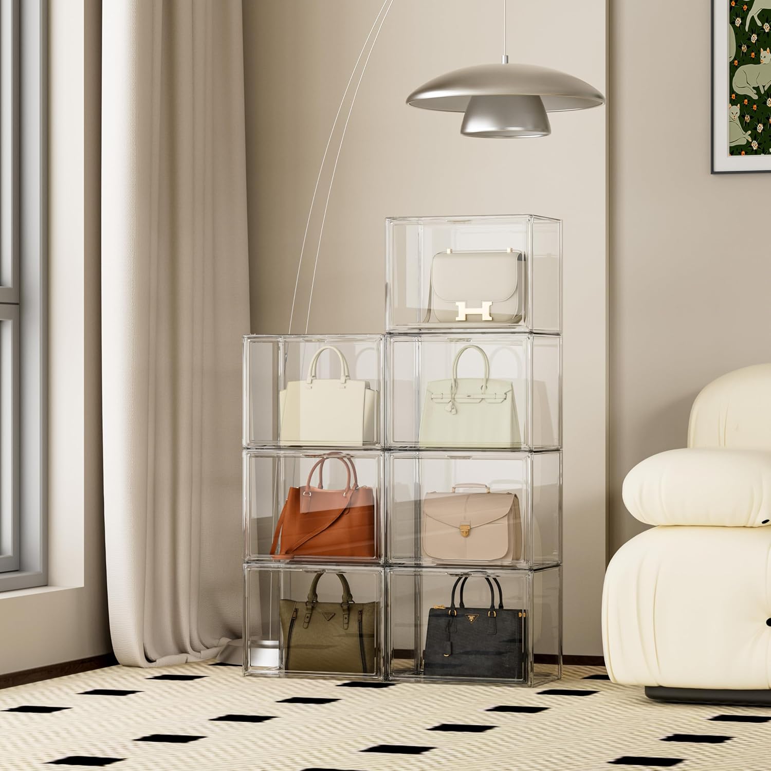 Purse Organizer for Closet, Clear Acrylic Display Case for Handbag Organizer, Stackable Purse Storage Box with Magnetic Door, Plastic Holder Containers for Book, Collectibles, Cosmetic 9 Pack