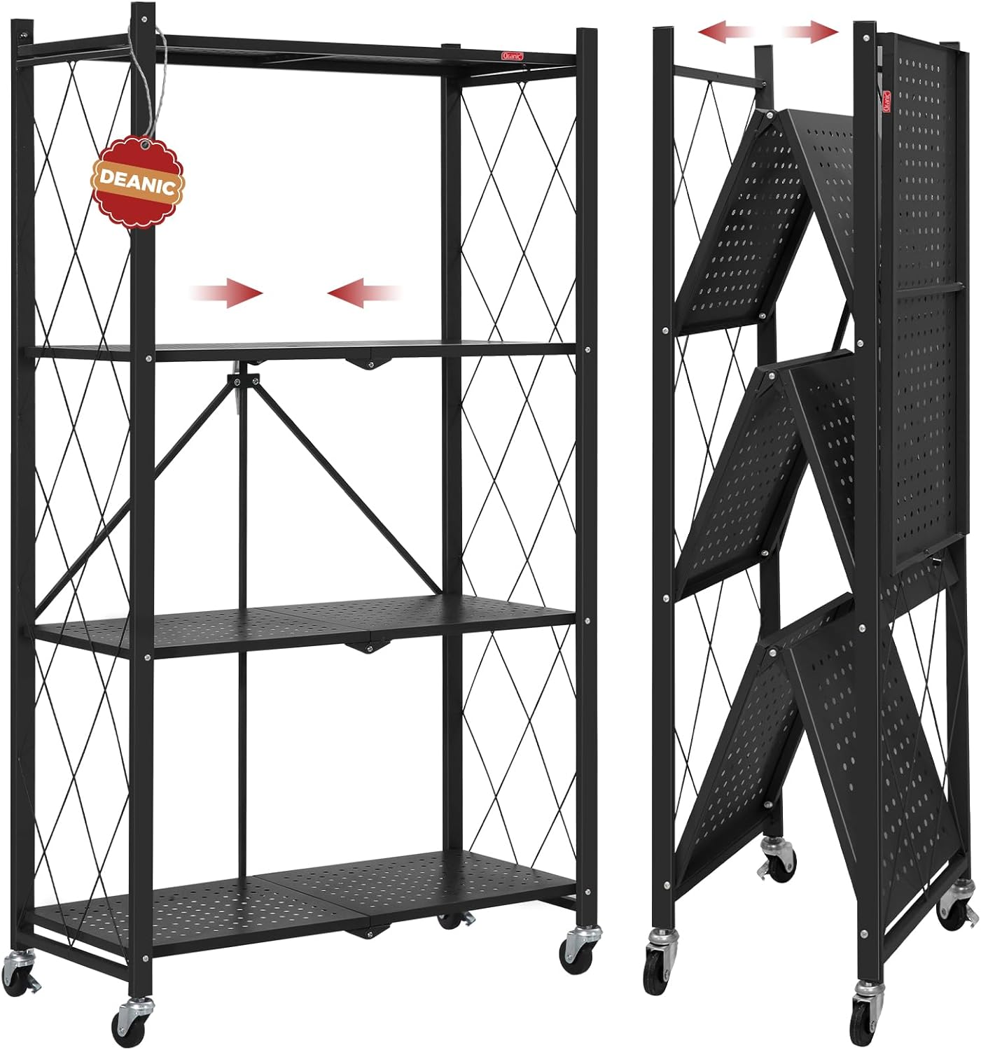 DEANIC 4 Tier Foldable Storage Shelves with Wheels, Large Capacity Shelving Unit, Freestanding Metal Wire Shelf Rack, No Assembly Organizer Rack for Garage Kitchen, Basement, Pantry(Red Pack of 2)