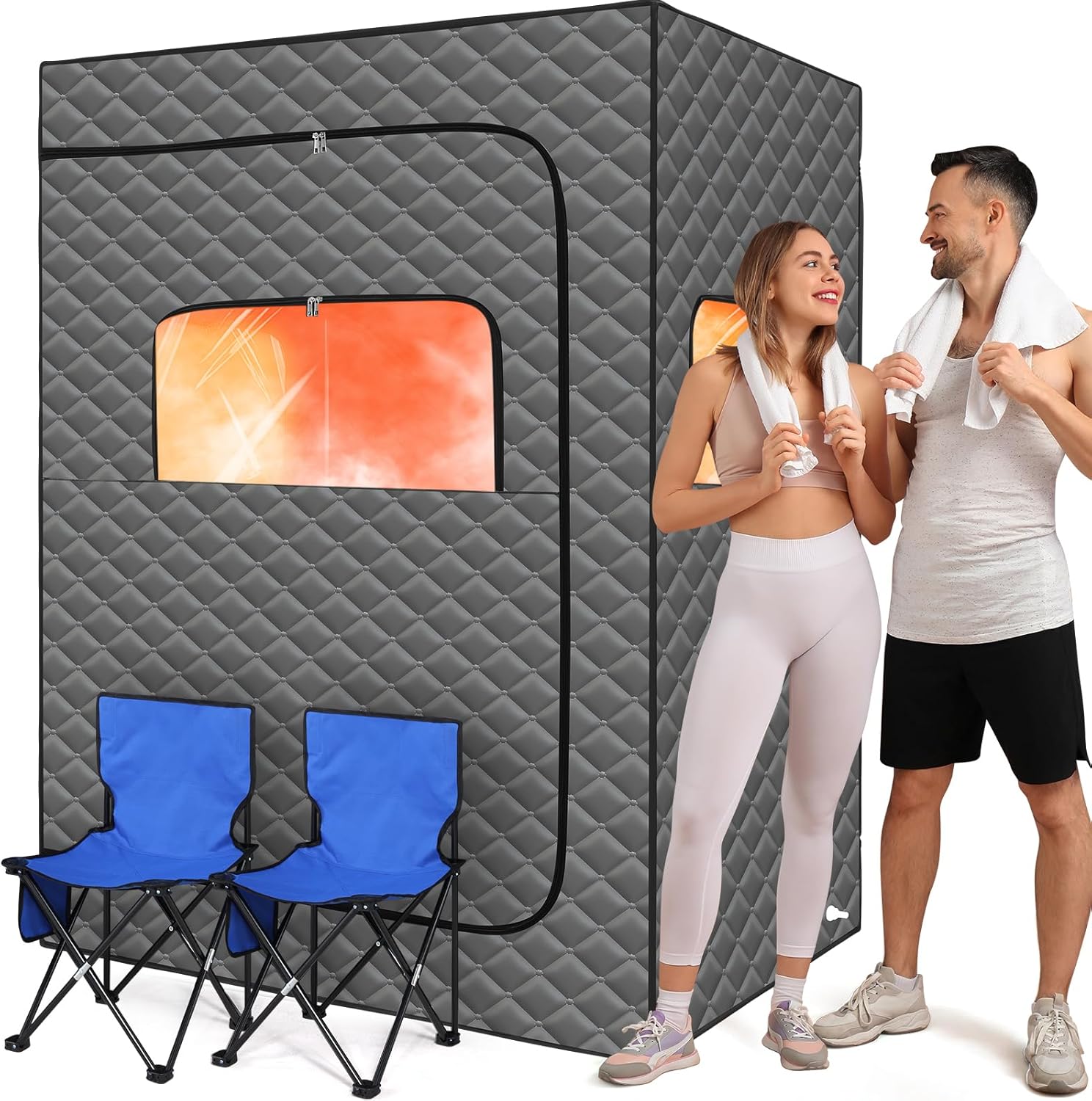 2 Person Sauna for Home, 1 or 2 Person Portable Steam Sauna with 2 1000W Sauna Steamers, 2 Floding Chairs, 9 Levels Adjustable, 99 Minutes Timer, Steamer Included (Grey)