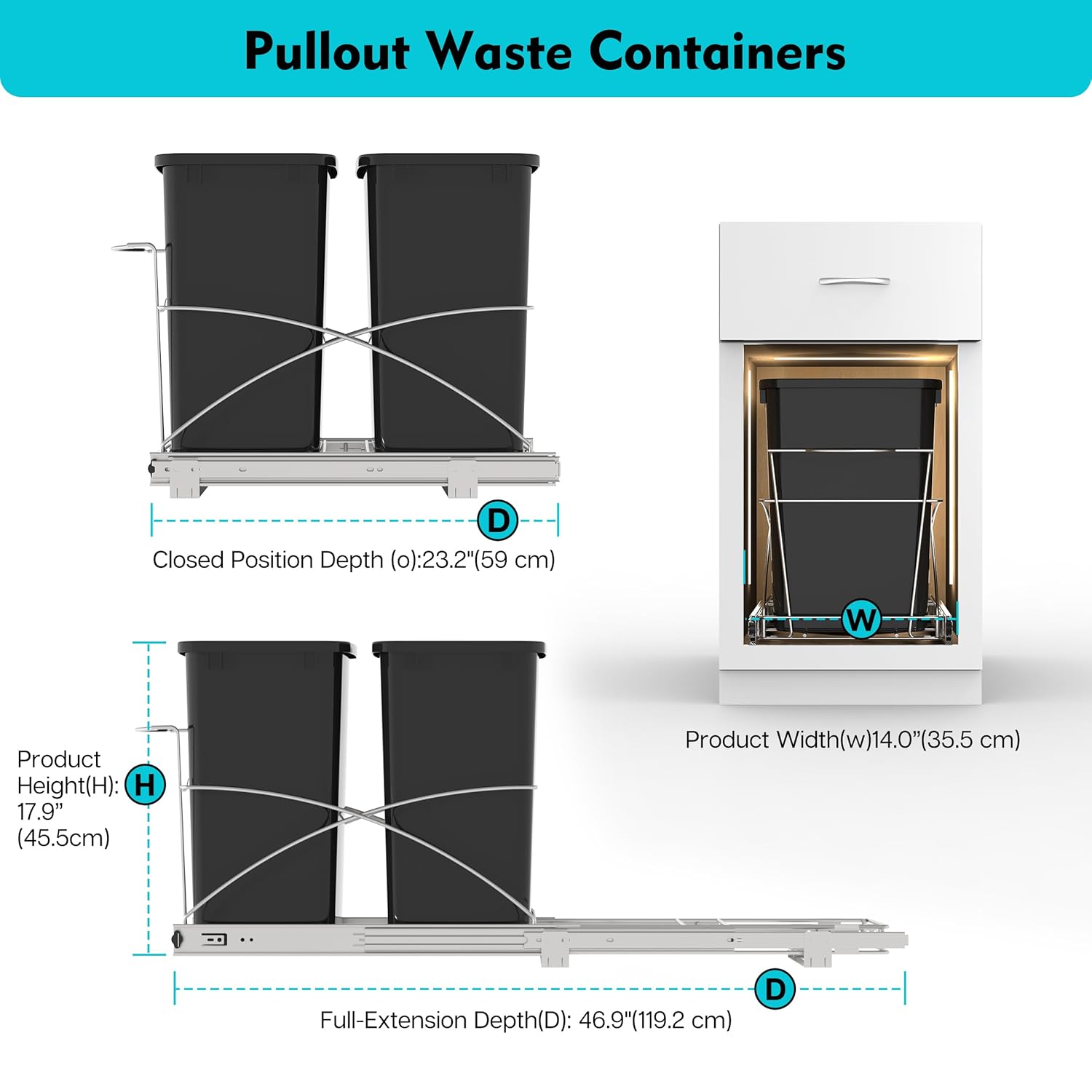 Pull Out Trash Can Under Cabinet 35QT Capacity 14