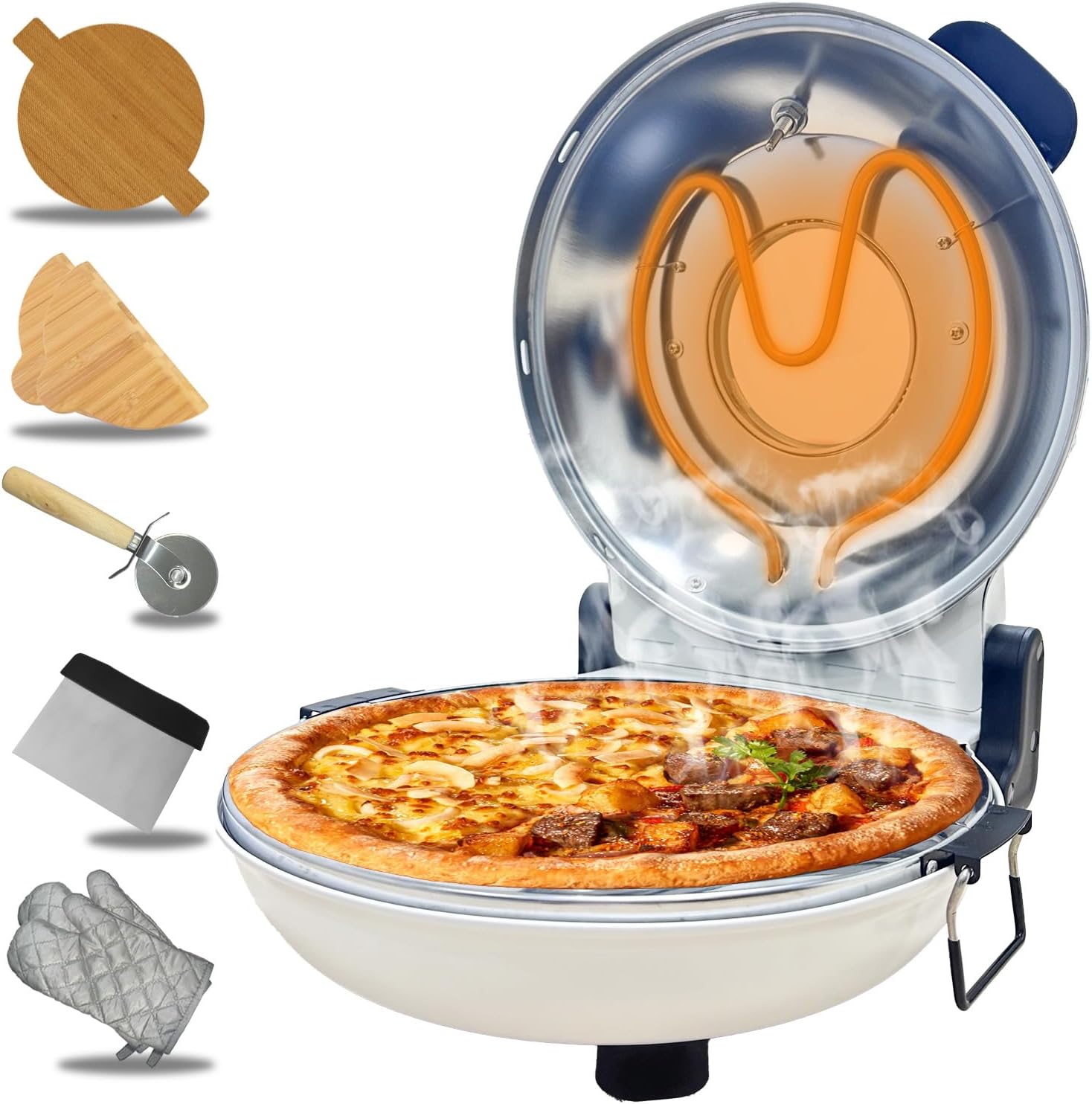 Pizza Oven Indoor, 12 Inch Retro Pizza Maker, Rapid Heating 800˚F, 1200W Glazed Ceramic Stone Electric Pizza Cooker, Two-button Precise Temperature Control, Viewing Window for Precise Cooking