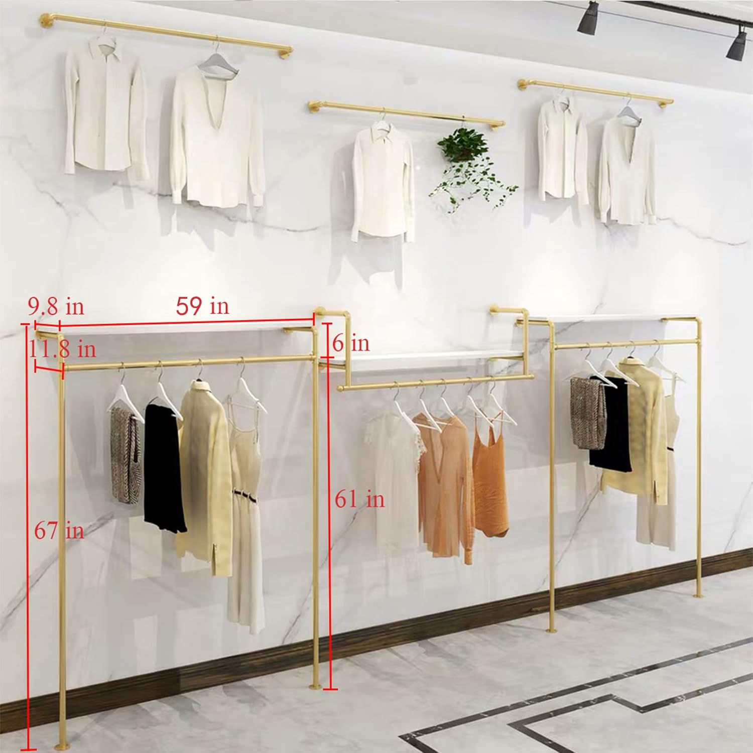 Modern Simple Industrial Pipe and Wood Garment Rack,Wall Mounted Hanging Rods Clothing Rack,Retail Display Storage Clothes Hanging Shelves(Gold, 47.2