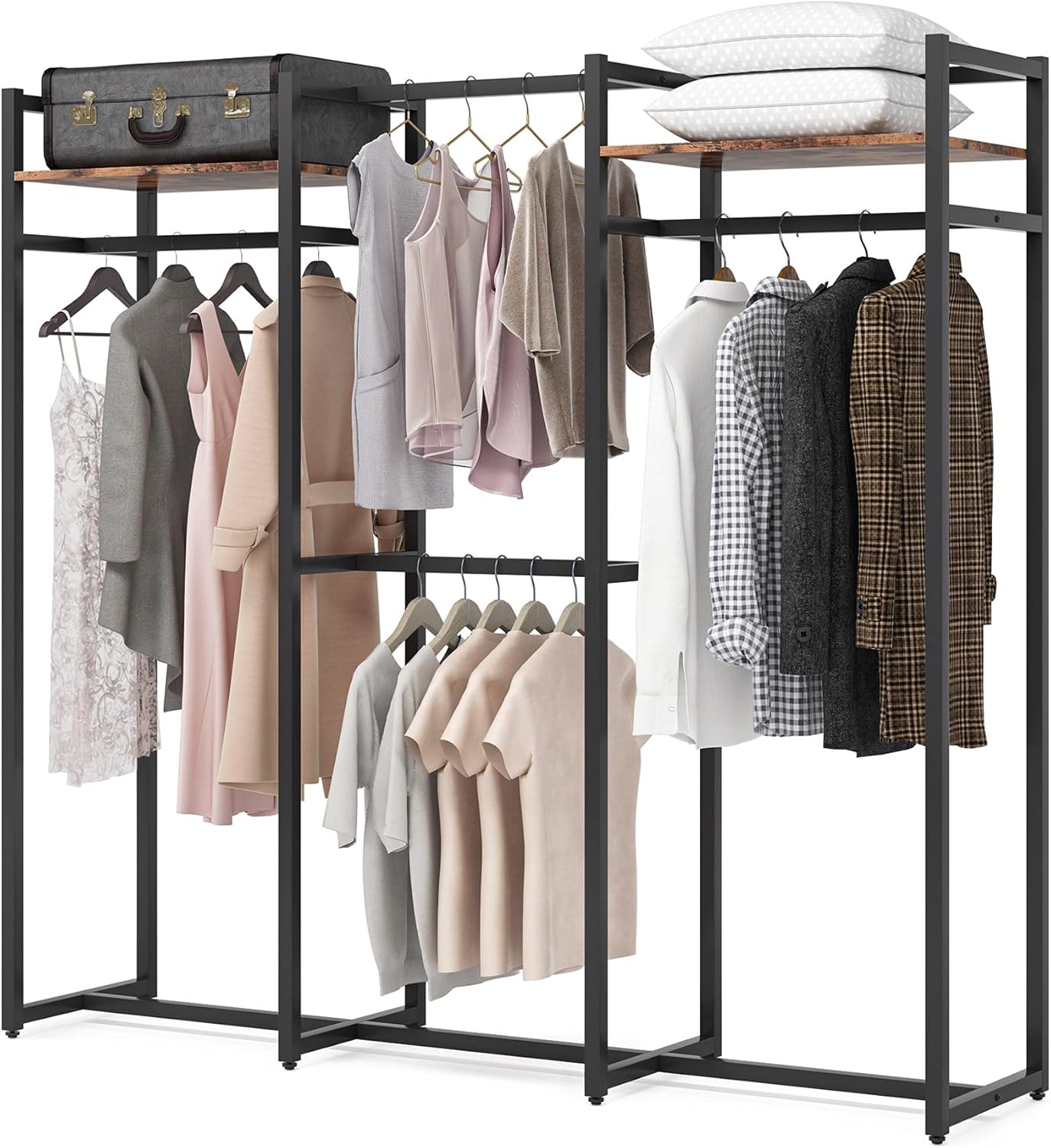 Tribesigns Garment Rack Heavy Duty Clothes Rack, Free Standing Closet Organizer with Shelves and Hanging Rod, Large Metal Clothing Rack for Hallway, Bedroom, Max Load 500Lbs (Dark Black)