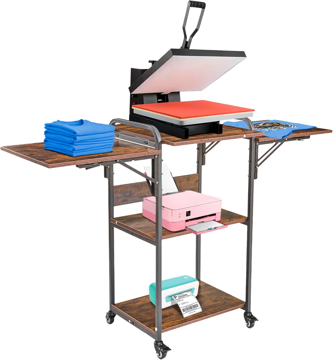 Houseables Heat Press Table, Heat Press Stand, Printer Stand, Printer Table, Heatpress Cart, Craft Desk with Storage, Sublimation Cart with Wheels, for Workstation, Machine, Shirt Screen, Work Station