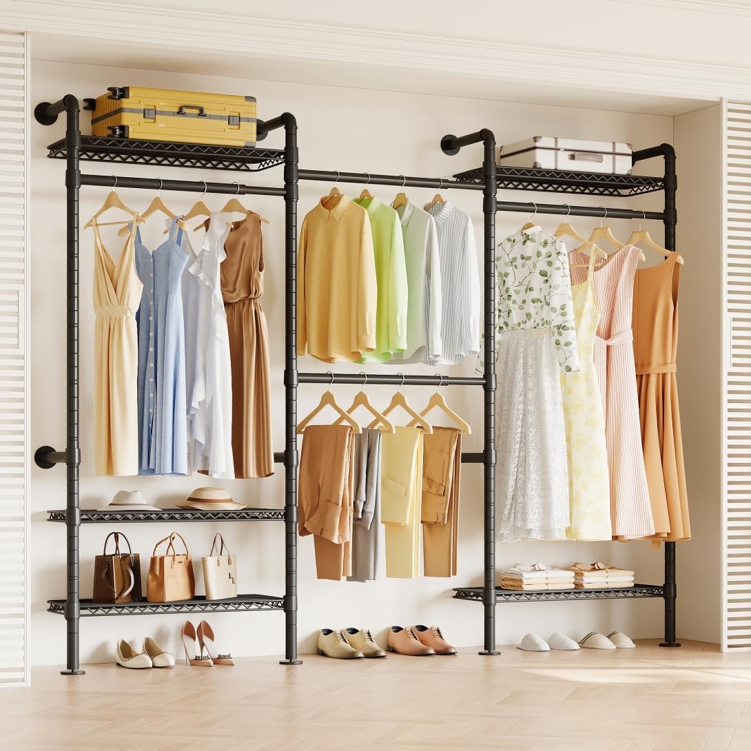 W3 Wall Mounted Closet System, Expandable Industrial Pipe Clothes Rack Clothing Rack for Hanging Clothes, Heavy Duty Garment Rack Closet Organizers and Storage Reach in Closet, Gold