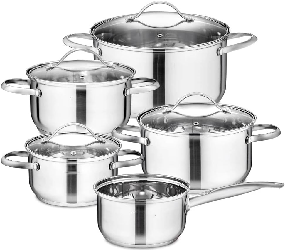 Cooking Pot, Frying pan,Cookware Set Kitchen Stainless Steel 9-Piece Set,Non Stick Saucepan,Casserole with Glass lid Vision