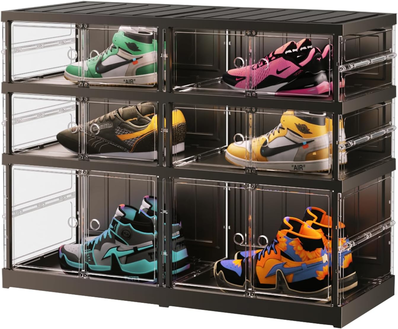 6 Tiers 12-24 Pairs Foldable Shoe Rack for Closet Plastic Stackable Shoe Boxes for Garage Collapsible Shoes Shelf with Doors Storage Organizer Cabinet Quick Assembly,Black