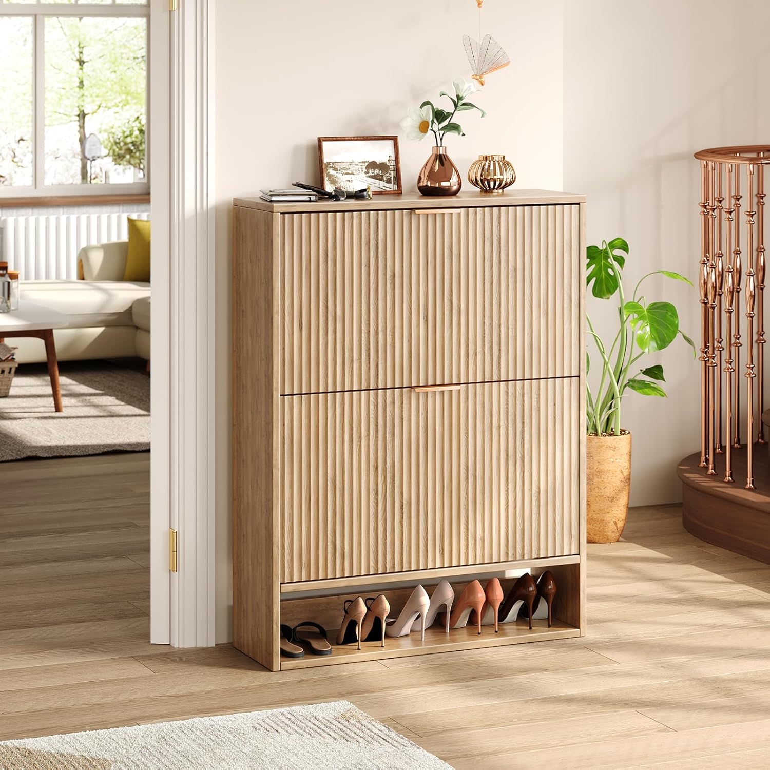 31.5''W Oak Shoe Storage Cabinet for Entryway with 2 Flip Drawers, Fluted Slim Shoe Cabinet, Free Standing Wooden Shoes Organizer for Foyer, Hallway