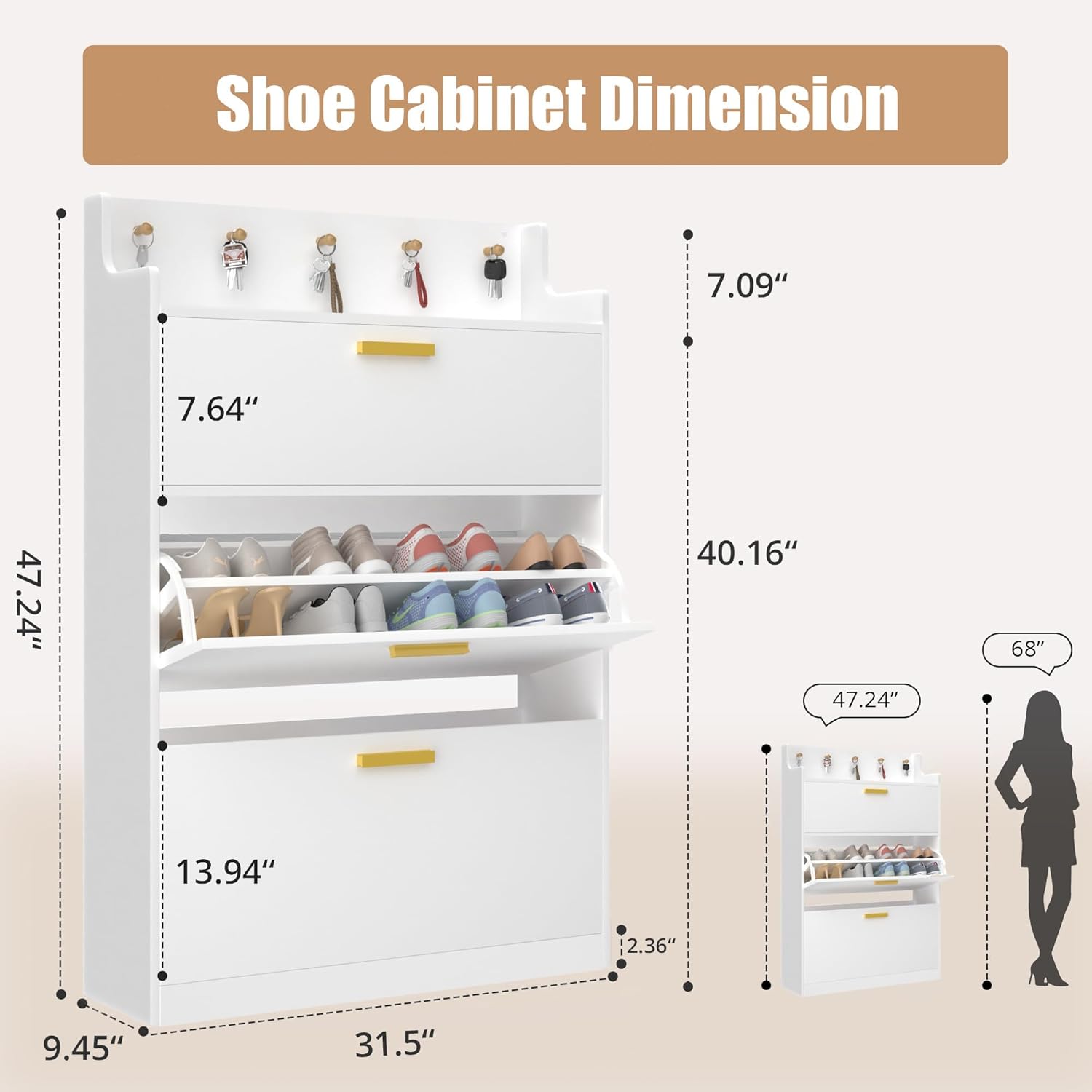 VECELO Shoe Cabinet with 2 Flip Drawers for Entryway, Freestanding Narrow Hidden Storage Organizer with Hooks and Raised Edge, for Hallway, White