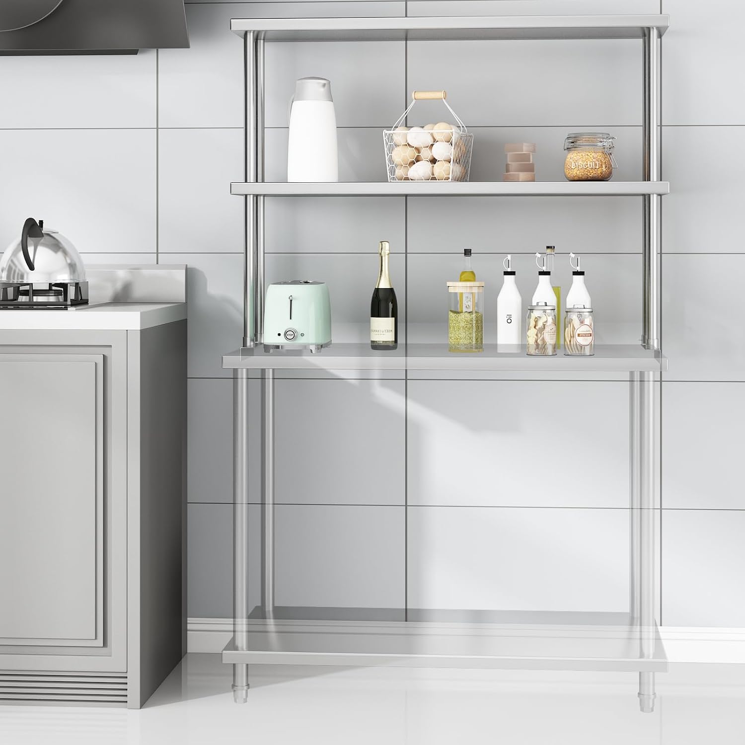 Garvee 12 in x48 in Stainless Steel Overshelf for Prep & Work Table, 360 LB Capacity Commercial 2 Tier Worktable Shelf, Adjustable Double Overshelf for Restaurant, Kitchen, Garage, Workshop