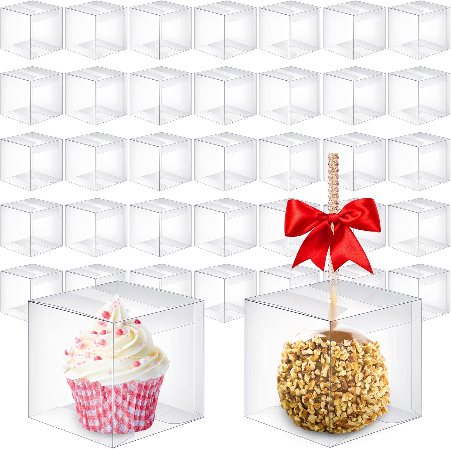 Juexica 200 Pcs Candy Apple Boxes Clear with Hole 4 x 4 x 4 Inch Gift Box Transparent Caramel Apple Boxes Plastic Wrapping Containers for Cookies Chocolate Wedding Thanksgiving Autumn Party Favor