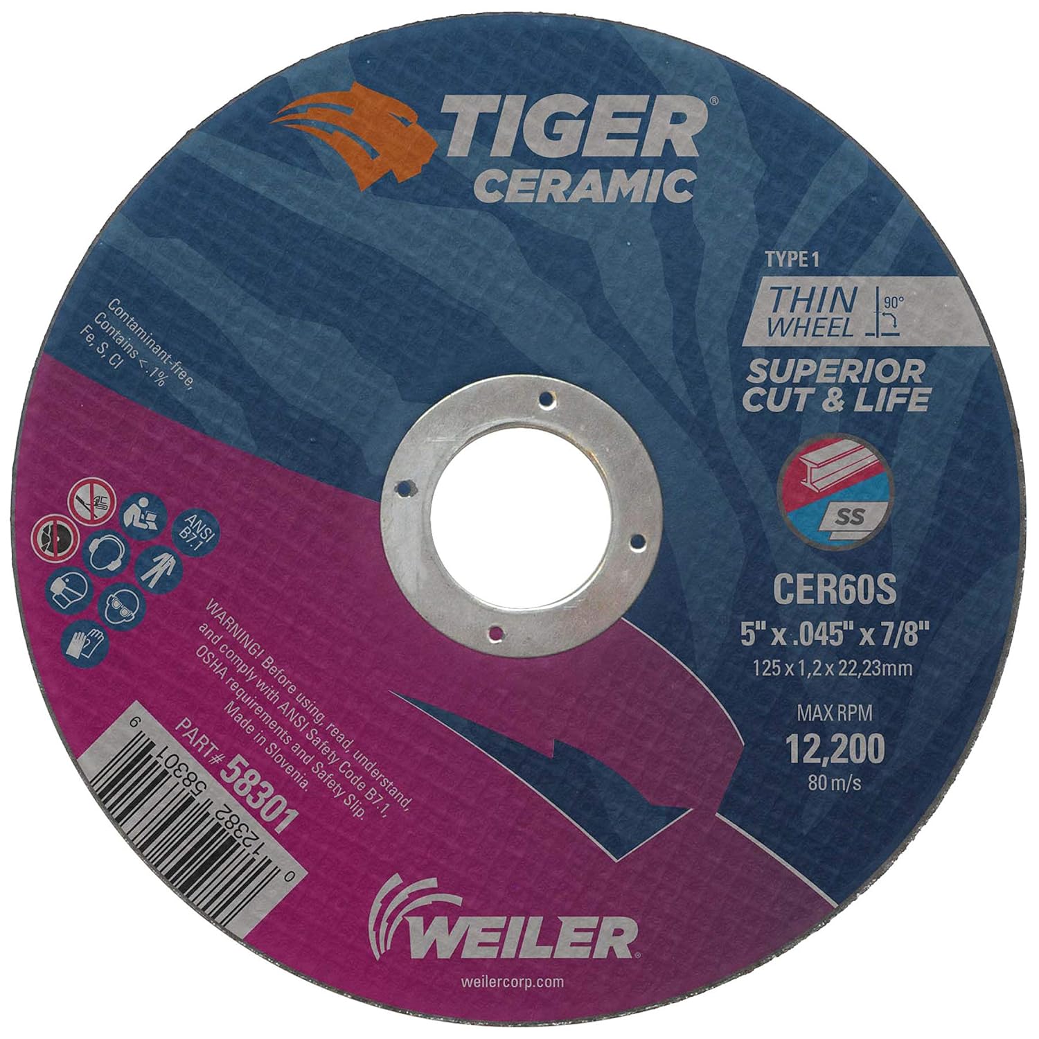 Weiler 58301 5 Inch Cutting Wheel, Tiger Ceramic Stainless Steel Superior Life & Cut Contaminant Free Max Performance Cutting, .045