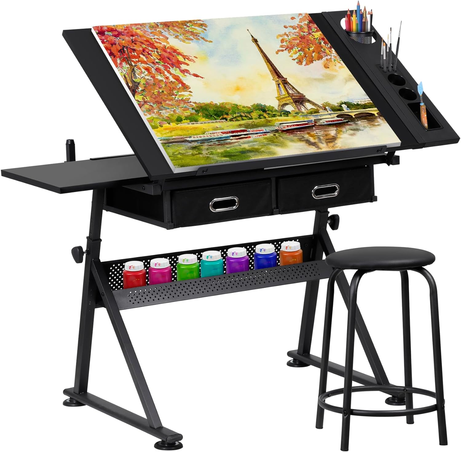 JupiterForce Drafting Table Art Desk w/Power Outlet and Stool, Adjustable Tilting Drawing Table Artist Desk with 2 Storage Drawers, Art Craft Work Station for Home Office Working, Writing, Crafting