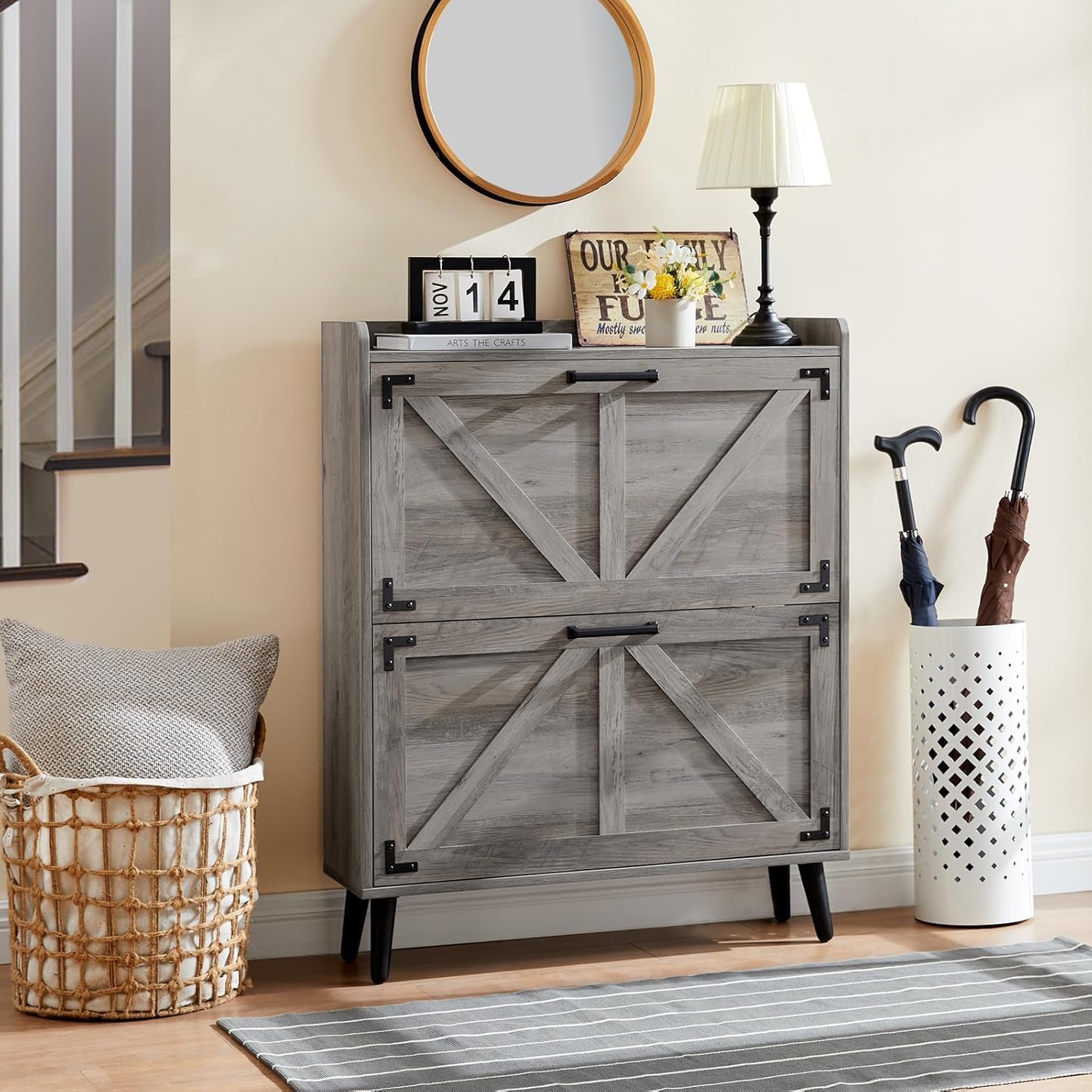 Shoe Storage Cabinet with 2 Flip Drawers, Farmhouse Hidden Shoe Organizer, Narrow Slim Shoe Rack Cabinet for Entryway Hallway,Washed Gray