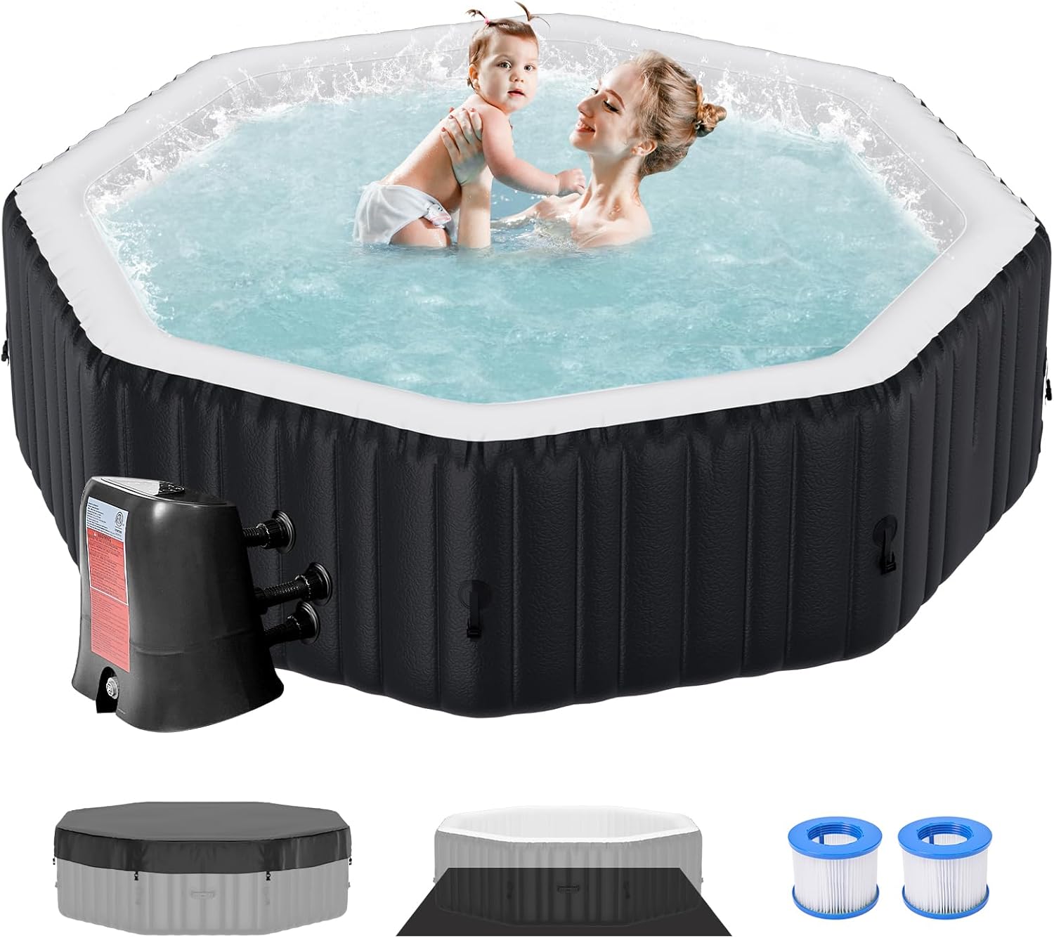 Inflatable Hot Tub, 4-6 Person Large Polygon Blow Up Portable Hot Tub, Leak-Proof PVC Outdoor Spa with 130 Air Jets, Heater Pump and Insulated Cover, 77” X 77”X 25”