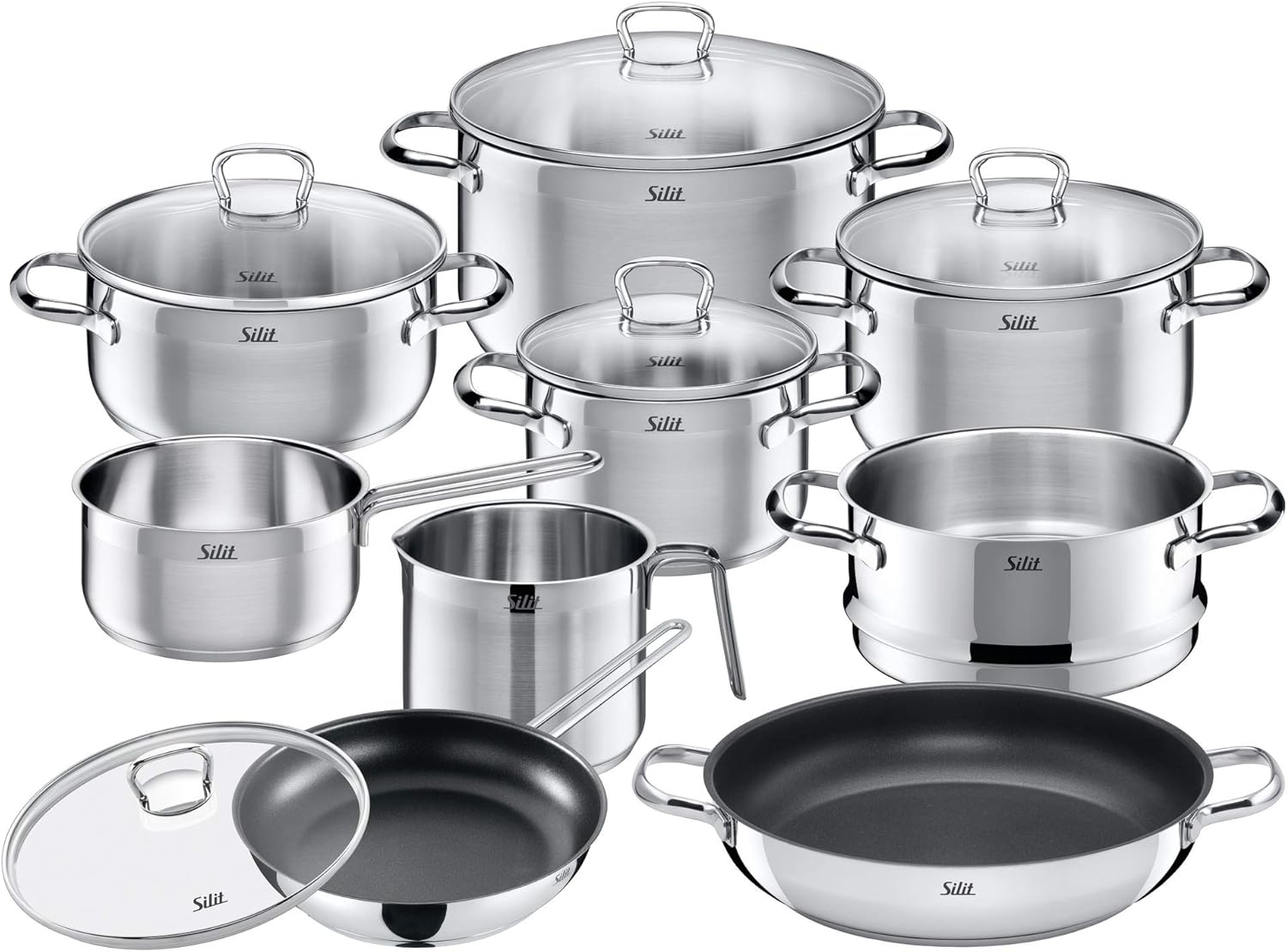 Silit Pot Set 10-Piece Toskana Pouring Rim Glass Lid Stainless Steel Suitable for Induction Hobs Dishwasher-Safe