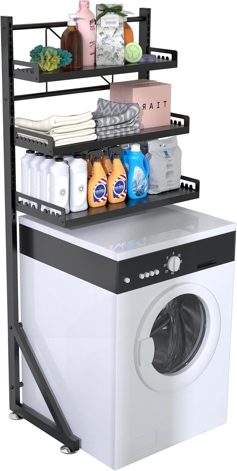 Multifunctional Storage Three-Tier Adjustable Height Laundry Room Shelf Space Saving Organizer