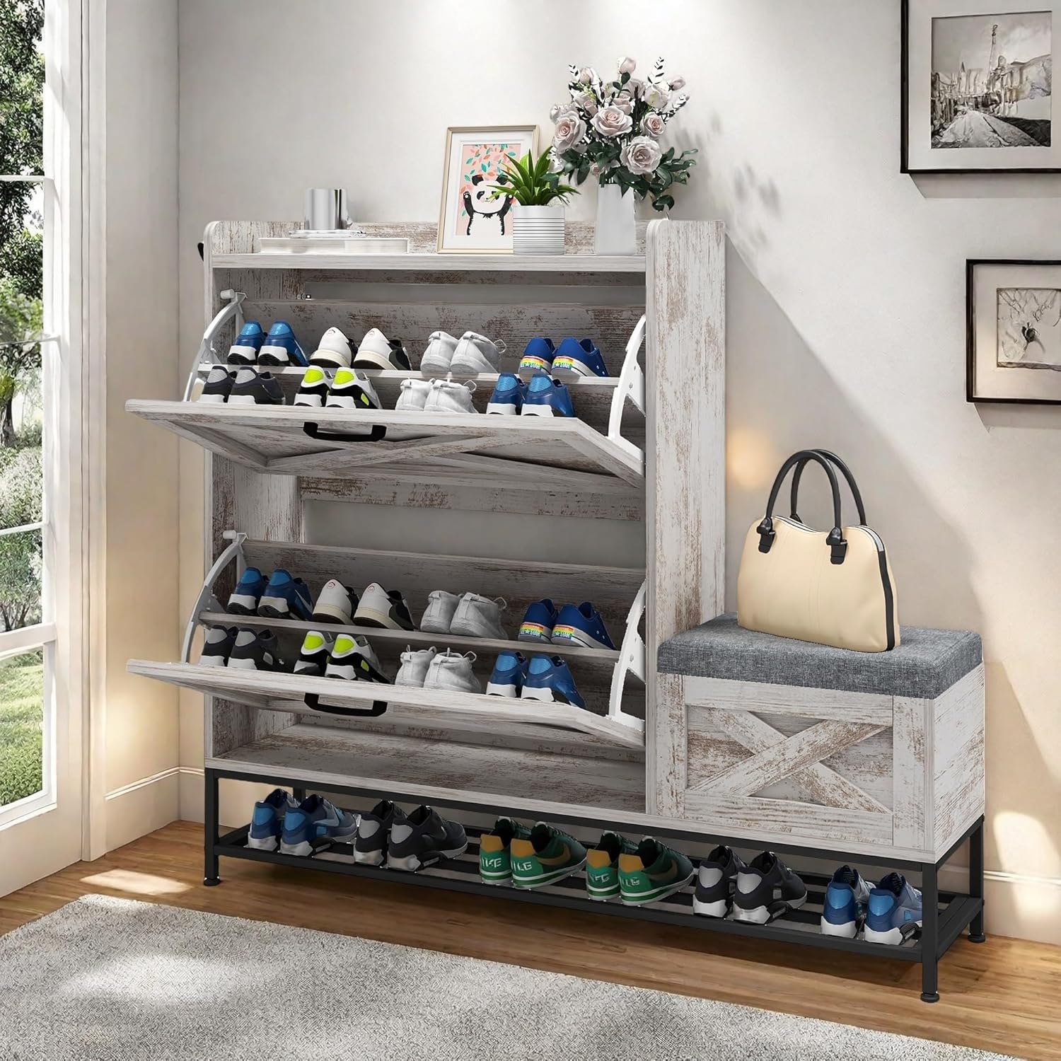 DWVO Farmhouse Shoe Storage Cabinet with 2 Flip Drawers for 16 Pairs, Entryway Shoe Storage with Shoe Bench, Narrow Slim Shoe Cabinet for Entryway, Living Room, Hallway (White)