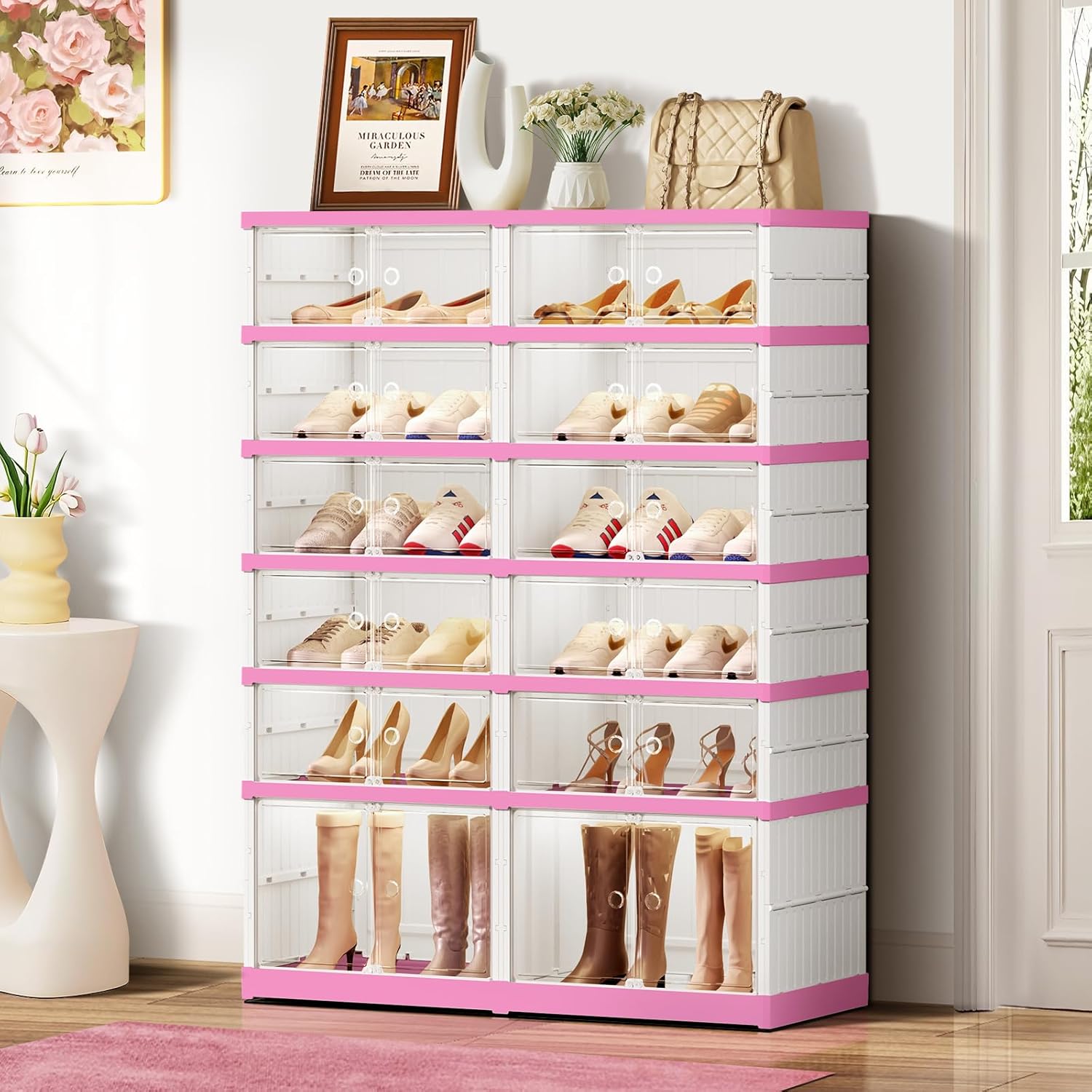 6-Tier Foldable Shoe Rack Organizer for Closet,24 Pairs Collapsible Plastic Shoe Shelf,Large Shoes Cabinet with Door,Clear Stackable Storage Box Easy Assembly（White-Pink）