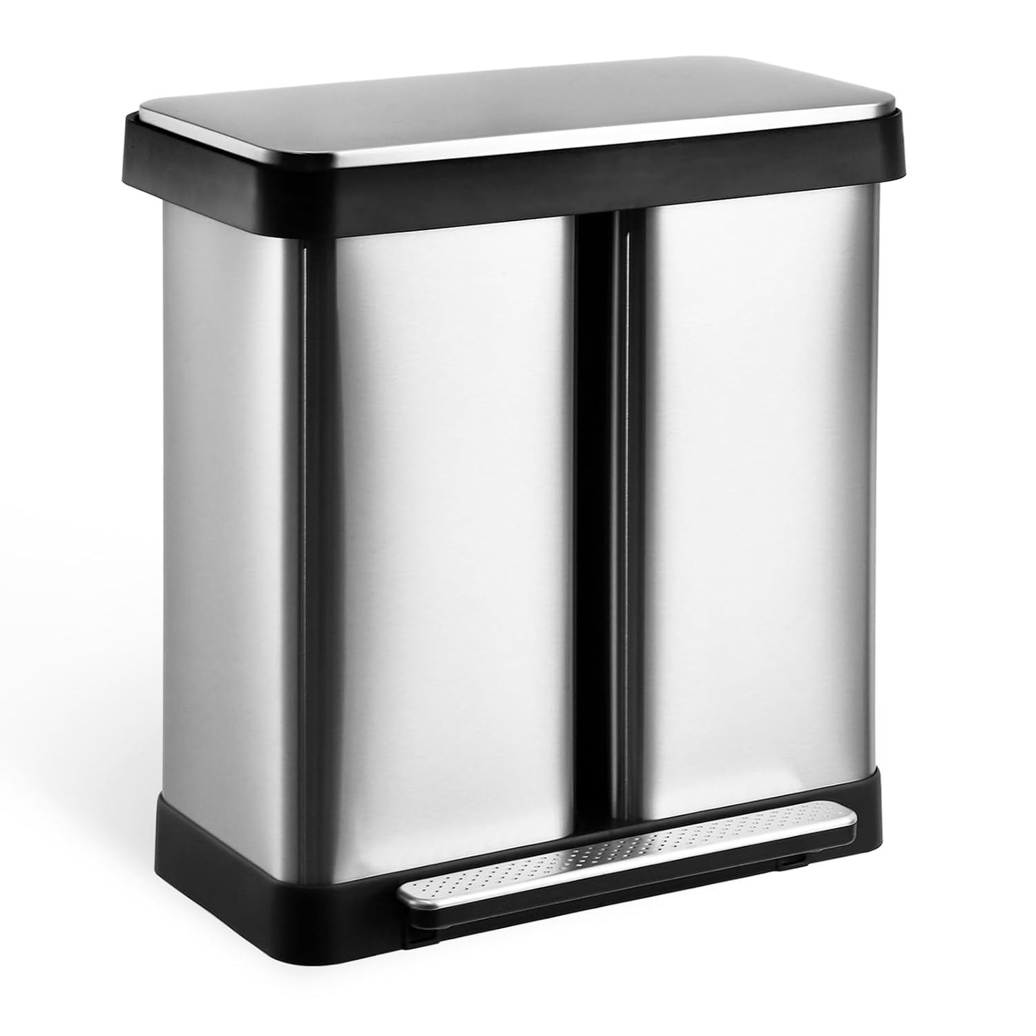 Fashionwu Dual Trash Can, Stainless Steel 2 x 8 Gal (2 x 30L) Garbage Can, Steel Pedal Recycle Bin with Lid and Inner Buckets, Rectangular Hands-Free Kitchen Trash Can