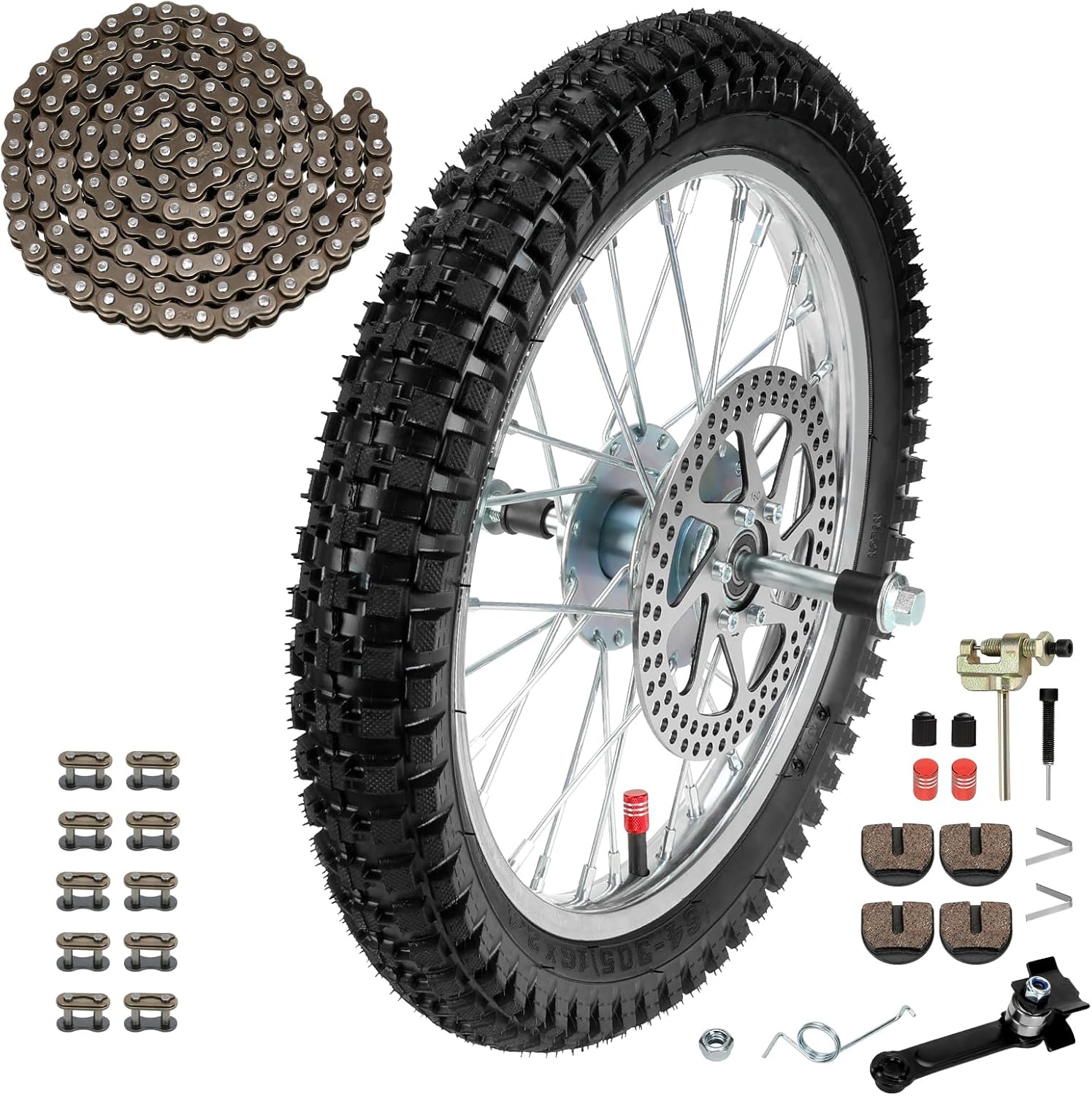 16X2.4 Front Wheel Assembly Compatible with Razor MX500 MX650 SX500 Dirt Rocket Bike Off-road Motorcycle with 25H 126 Links Chain Tensioner Breaker Disc Brake Rotor Replacement Parts