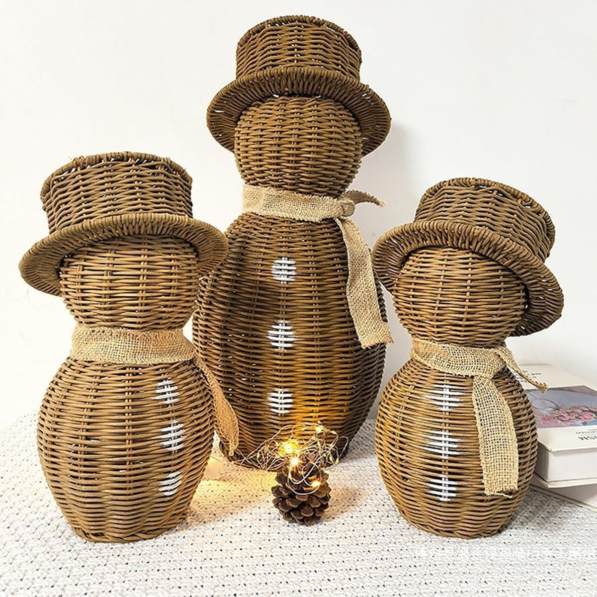 Rattan Snowman, Wicker Christmas Decoration Snowman Plush Snowmans with Scarf for Home Garden, Vintage Winter Centerpiece Table Decor Gift Farmhouse for Party Home Kitchen Shelf(L)