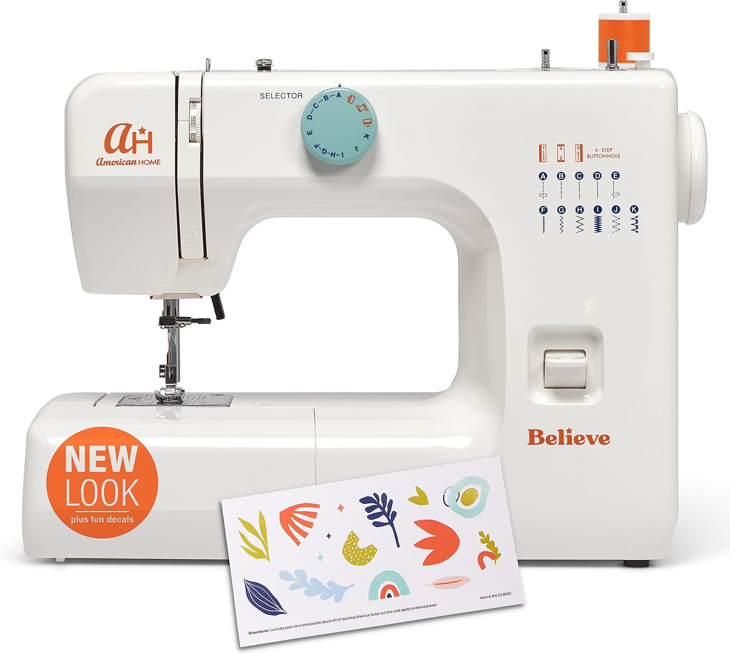 The Believe Beginner Sewing Machine by American Home Makes Sewing for Beginners Easy on Portable Small Sewing Machine with 12 Built-In Stitches, Automatic Stitch Control Plus Fun Decals, AH600