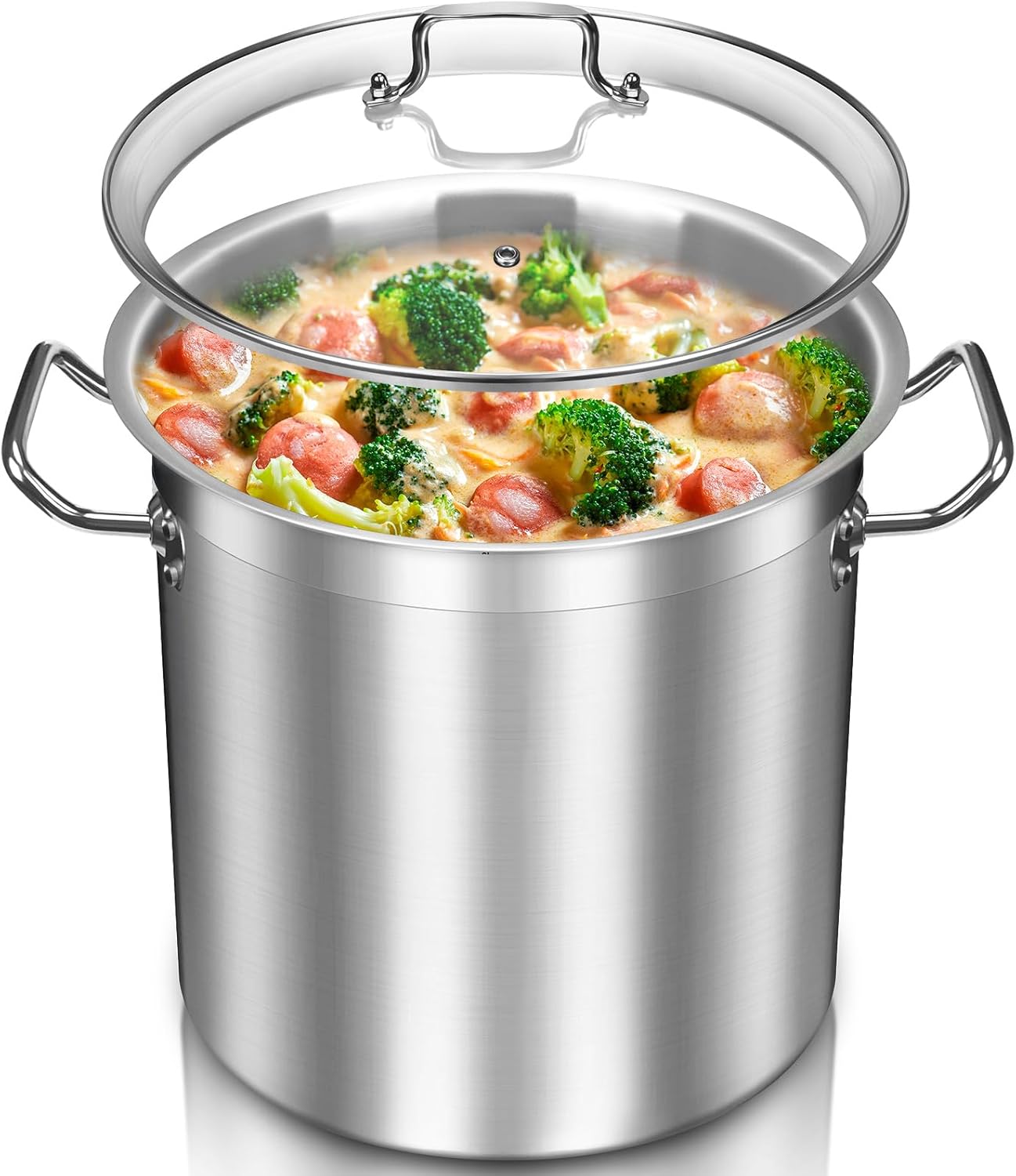 Large Stock Pot 20 Quart - Commercial Grade Soup Pot With Glass Lid - Nickel Free Stainless Steel Cookware - Healthy Polished Stockpots - Heavy Duty Induction Pots
