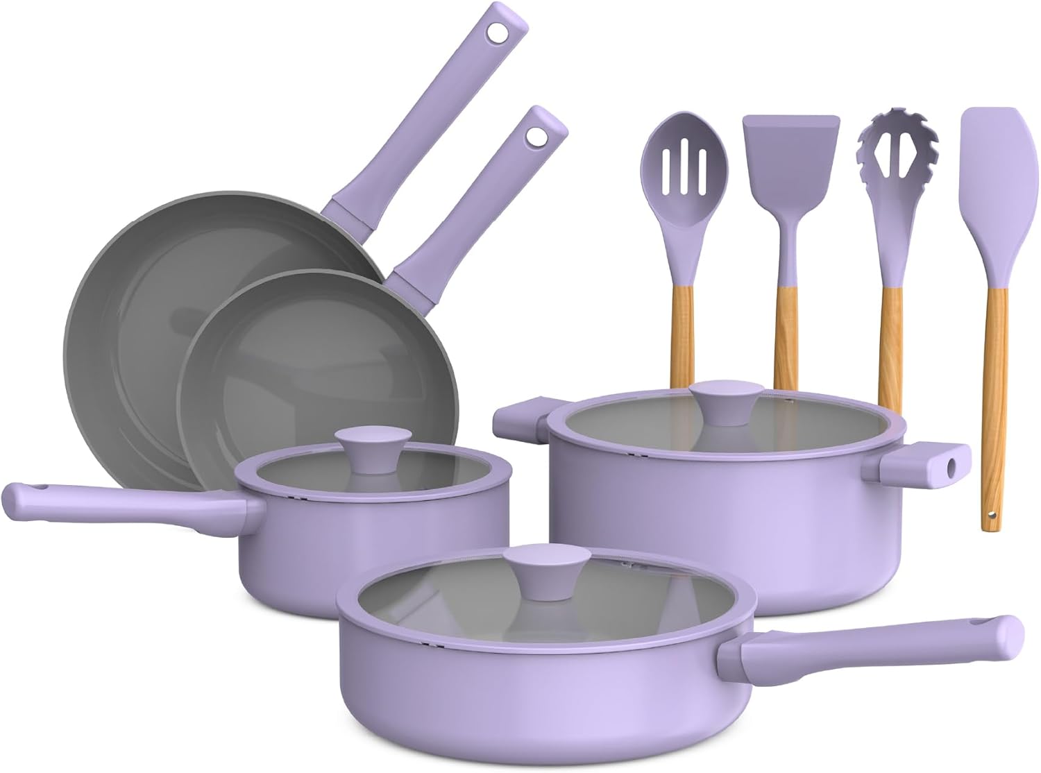 So Yummy by bella 12 Piece Cookware Set w EverGood™ Ceramic Nonstick Coating​ and Silicone & Wood Utensils, Dishwasher Safe Silicone & Glass Lids, Oven Safe & All Stovetop Compatible, Lavender