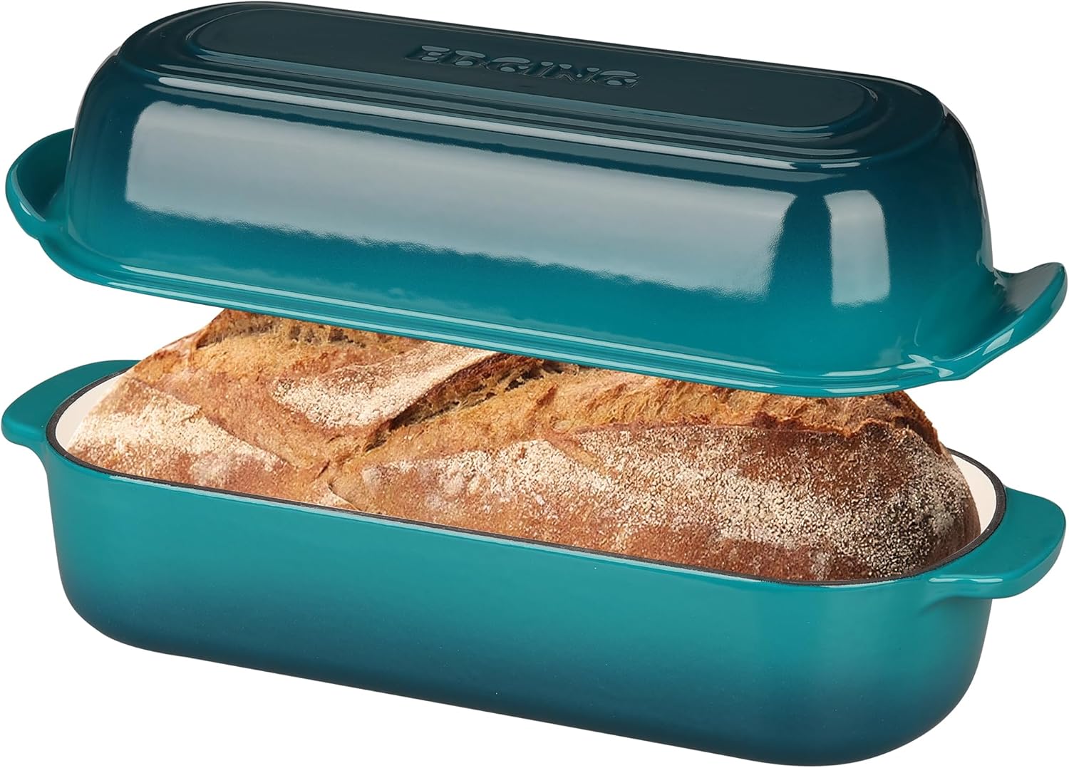 Enameled Cast Iron Loaf Pan with Lid, Dutch Oven Bread pan for Homemade Sourdough Bread Baking, 12.5x5.5 inch, 5qt, Darkcyan