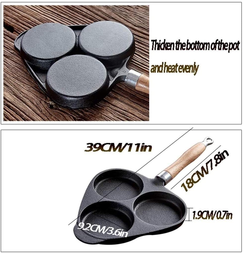 Frying Pan Skillet Egg Frying Pan Cast Iron 3 Grids Fried Egg Cooker Pans Induction Pancake Omelette Pan Save Food Oil Black 20Cm