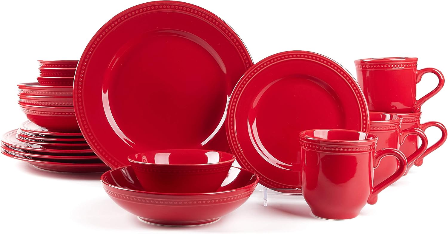 Pearl Dots Stoneware Dinnerware Set (20pc Set, Red)