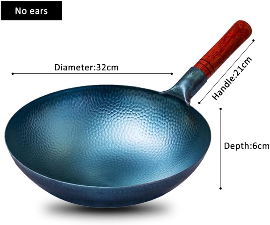 Traditional Handmade Iron Wok Real Hammer Carbon Steel Pow with Wooden and Helper Handle, Round Bottom