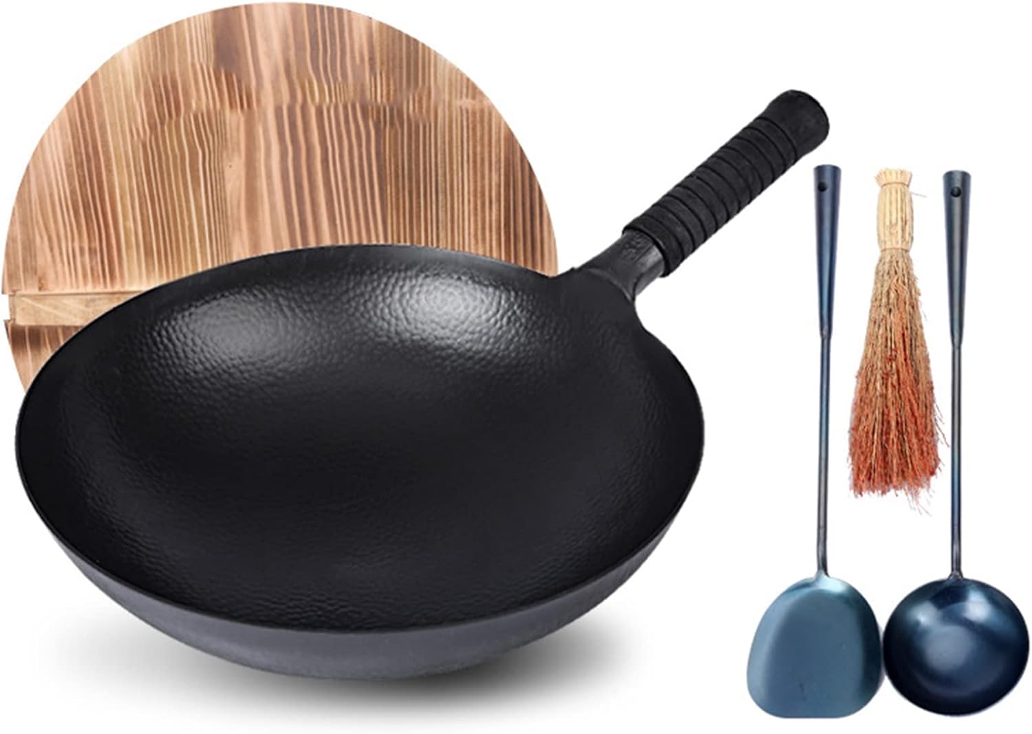Black Cast Iron Wok Stir Fry Pans, Profession Chinese Hand Hammered Iron Woks with Round Bottom & Handle, No Coating, Less Oil, Non-Stick Pot,34Cm-Black-34cm