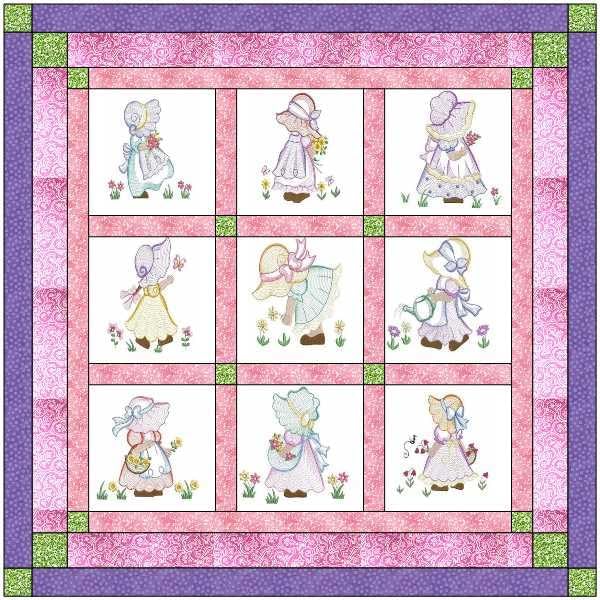 Material Maven Quilt Kit Sunbonnet Babies/Pre Cut Ready to Sew/Finished Embroidery
